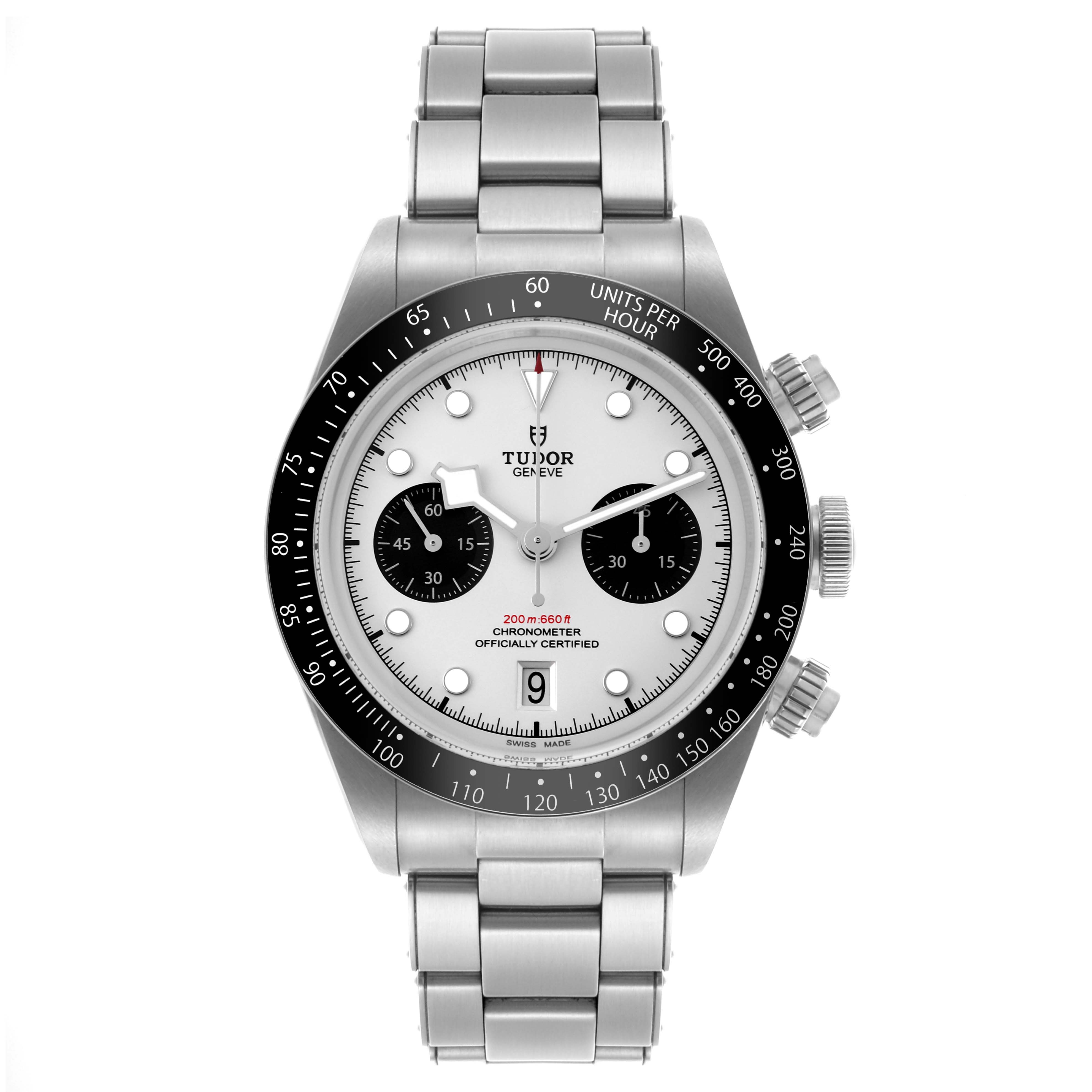 The image shows a front view of the Tudor Heritage Chrono M79360N-002 Men's Stainless Steel Silver Dial M79360N-002 Men's Stainless Steel Silver Dial watch, displaying its full face and stainless steel bracelet.