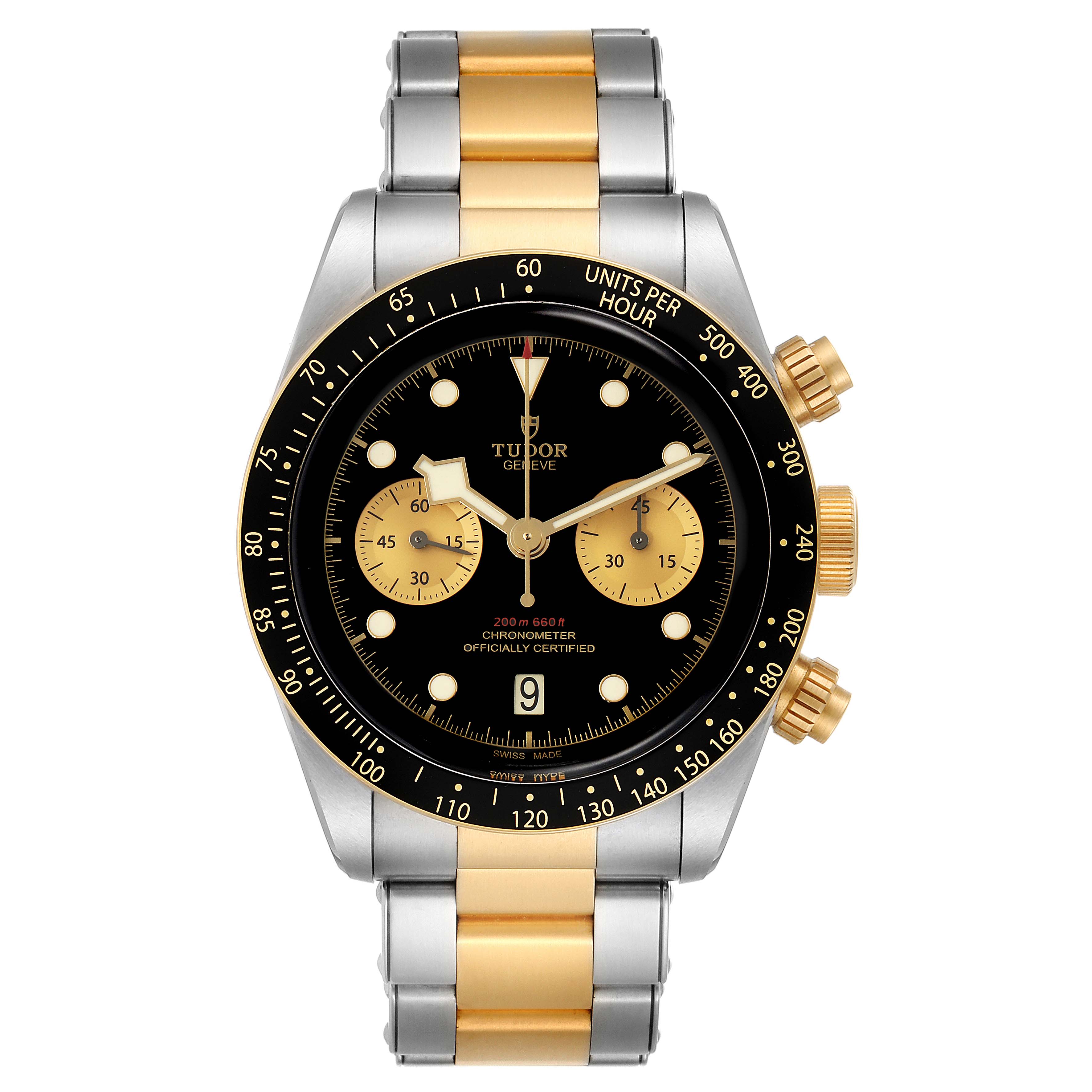 The image shows a front view of the Tudor Heritage Black Bay 79363N Men's Steel and Gold (two tone) Black Dial 79363N Men's Steel and Gold (two tone) Black Dial watch, highlighting its dial, bezel, and bracelet.