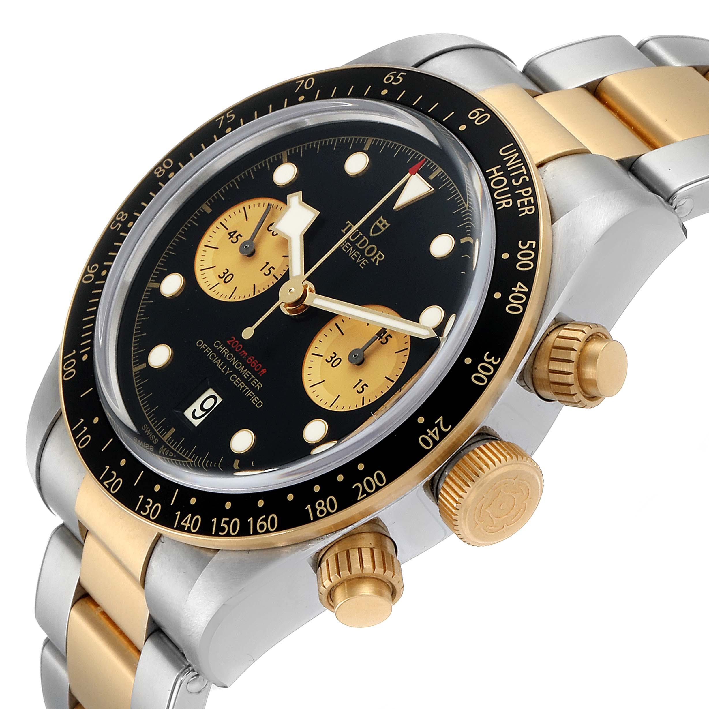 The image shows a close-up angled view of the Tudor Heritage Black Bay 79363N Men's Steel and Gold (two tone) Black Dial 79363N Men's Steel and Gold (two tone) Black Dial watch, focusing on the face, bezel, and side crown.