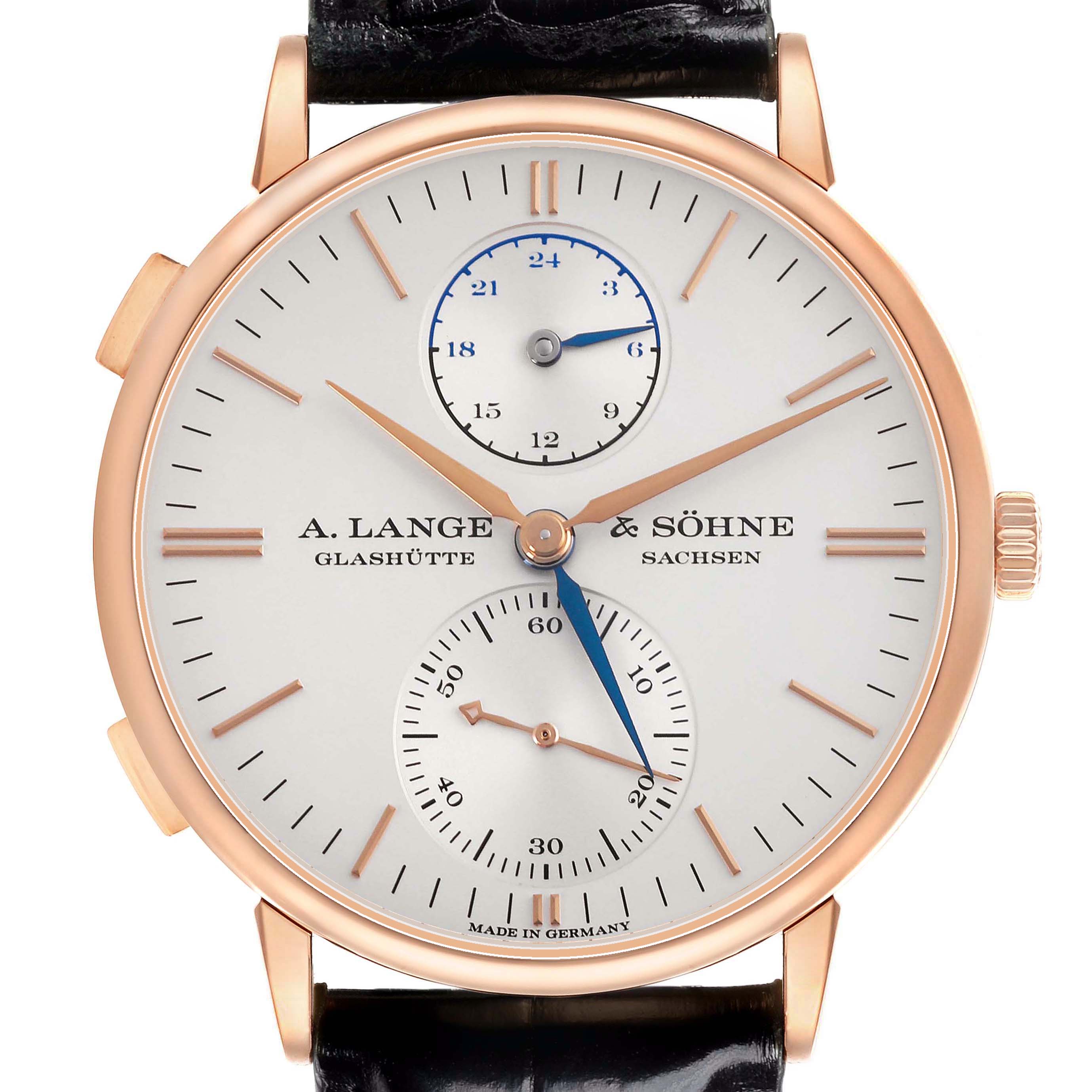 The A. Lange & Sohne Saxonia 386.032 Men's Rose Gold Silver Dial is shown from the front, highlighting the dial, sub-dials, and gold case.
