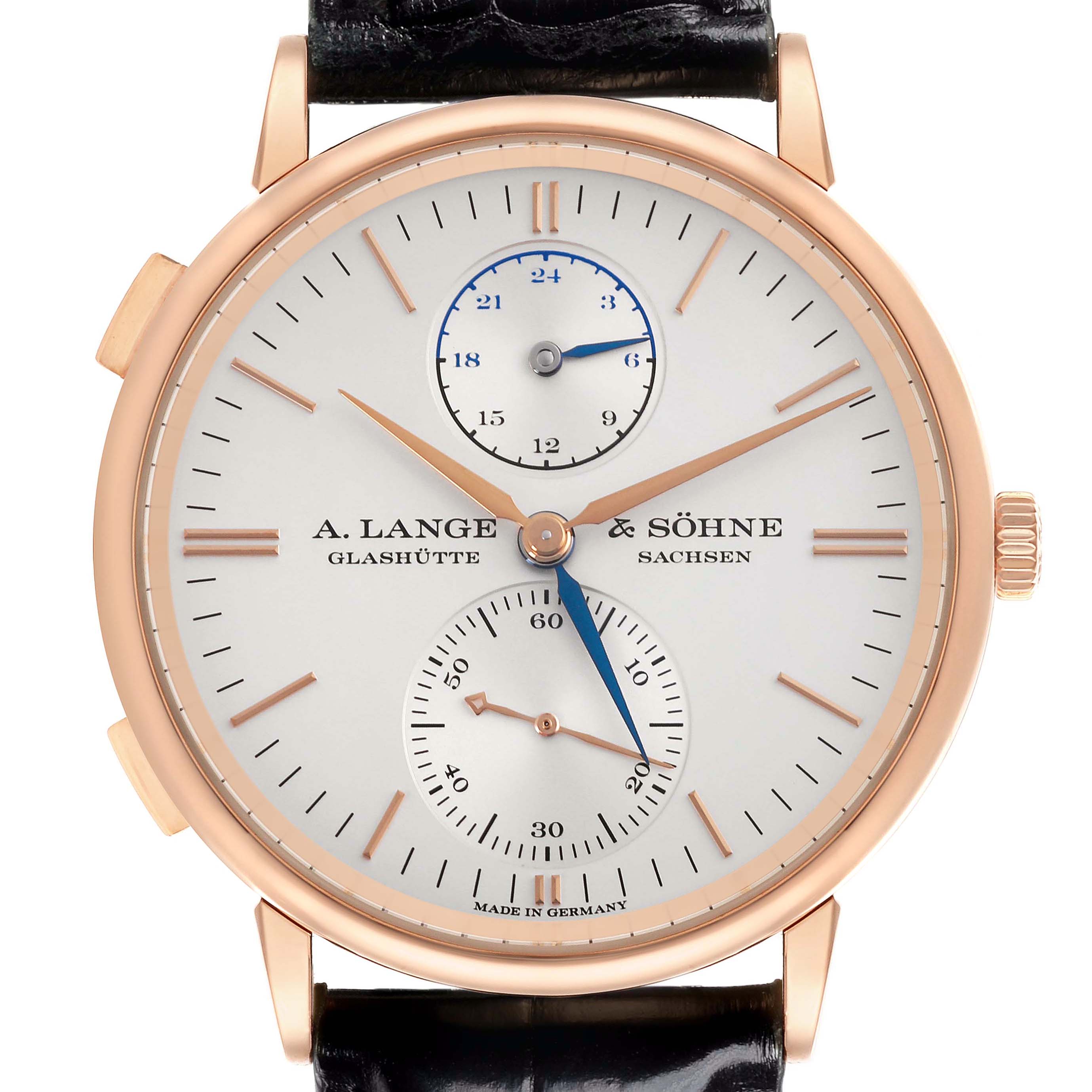 The image shows a frontal view of the A. Lange & Sohne Saxonia 386.032 Men's Rose Gold Silver Dial watch, highlighting the face, hands, and subdials.
