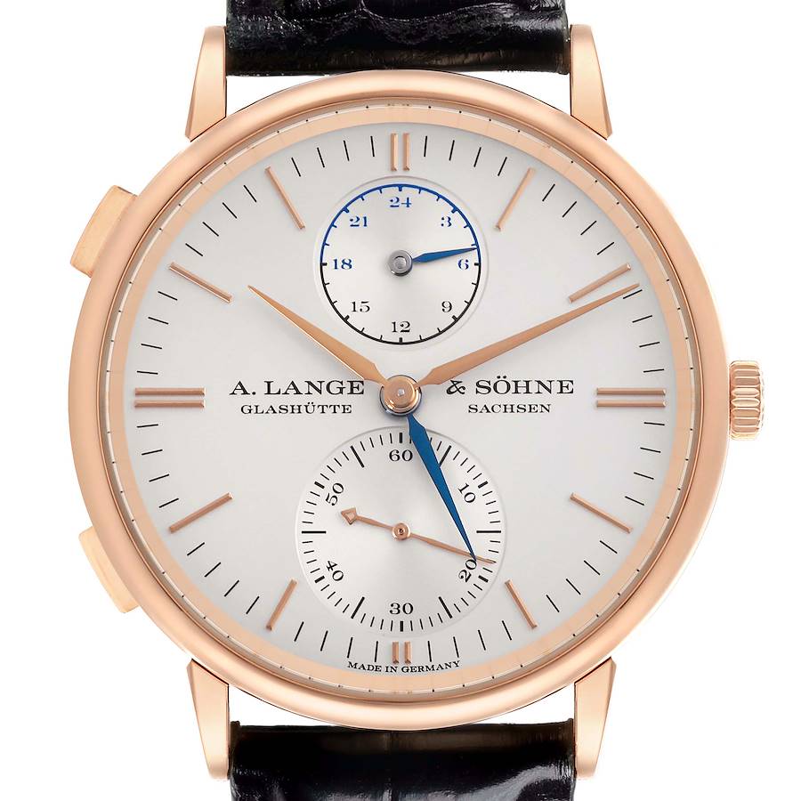 The image shows a frontal view of the A. Lange & Sohne Saxonia 386.032 Men's Rose Gold Silver Dial watch, highlighting the face, hands, and subdials.