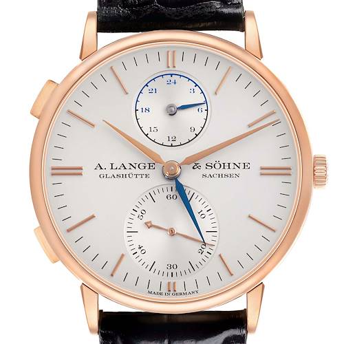The image shows a front view of the A. Lange & Sohne Saxonia 386.032 Men's Rose Gold Silver Dial, highlighting its dial and subdials.