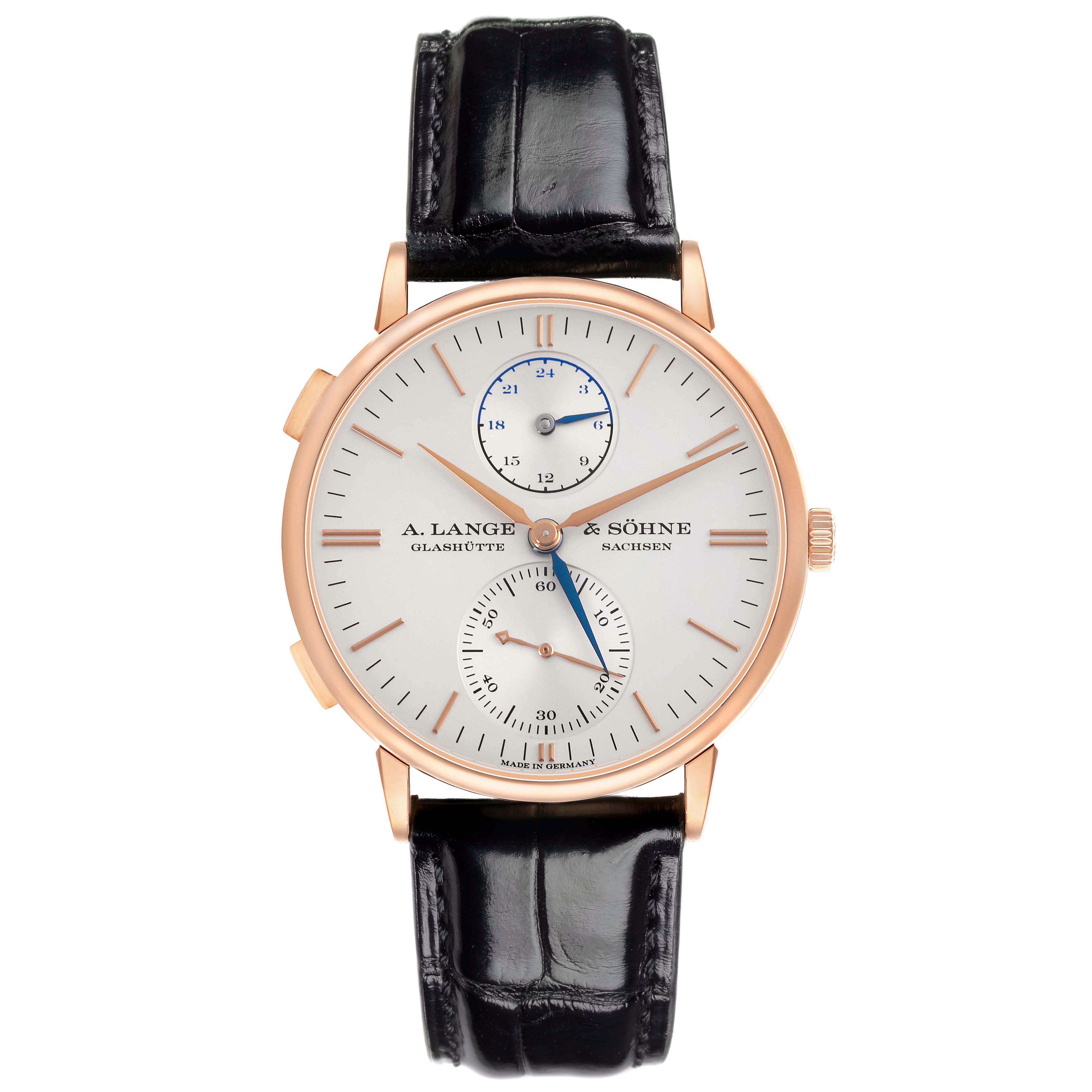 The A. Lange & Sohne Saxonia 386.032 Men's Rose Gold Silver Dial watch is shown from the front, highlighting the dial, subdials, case, and leather strap.
