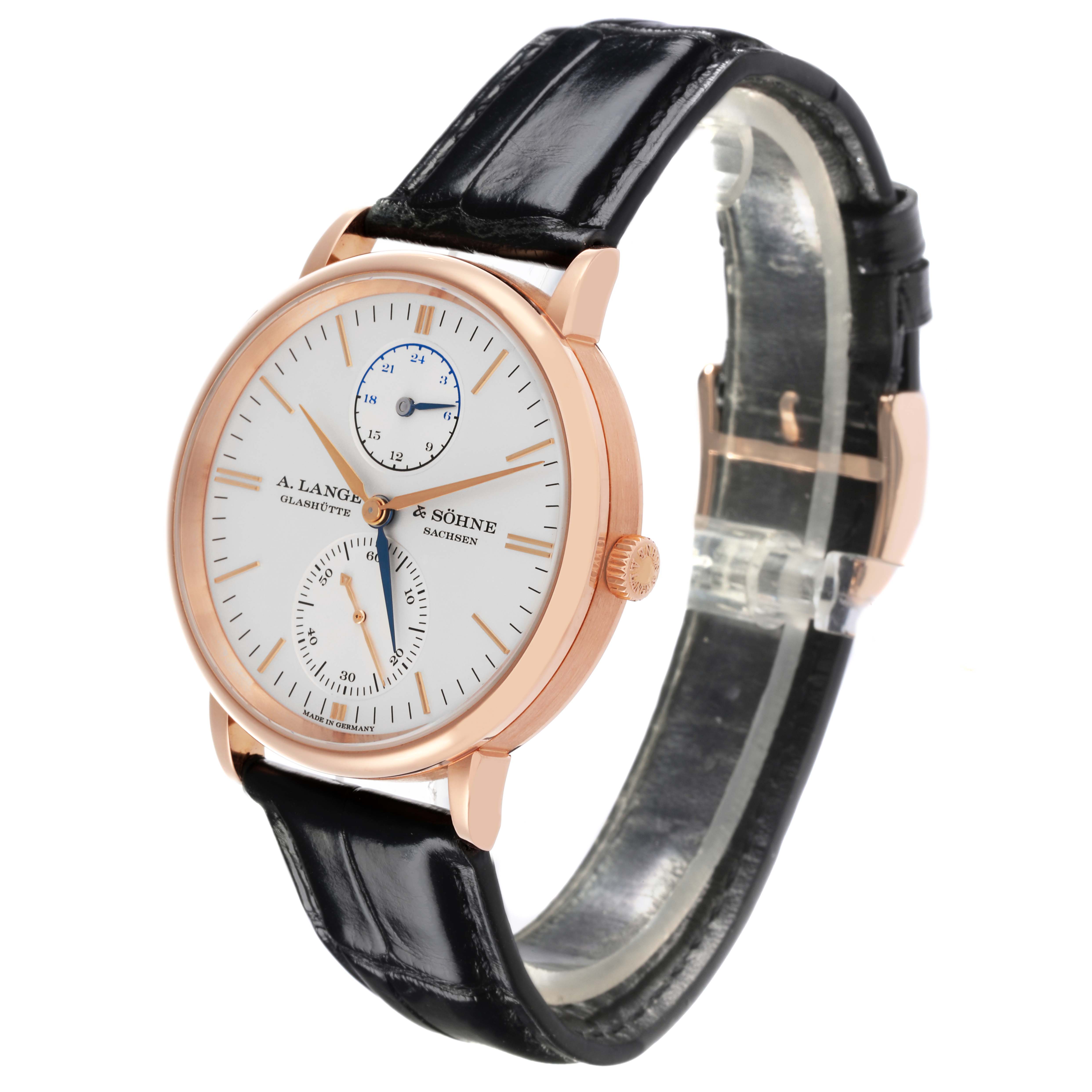 The A. Lange & Sohne Saxonia 386.032 Men's Rose Gold Silver Dial watch is shown at a three-quarter angle, highlighting the face, crown, and leather strap.