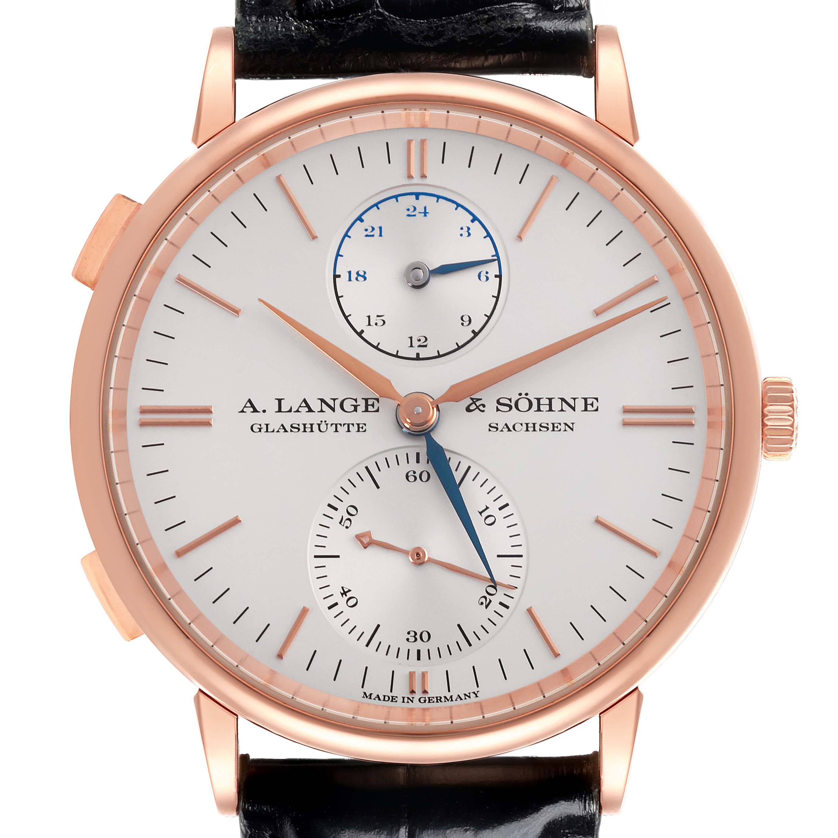 The A. Lange & Sohne Saxonia 386.032 Men's Rose Gold Silver Dial watch is shown from a front angle, highlighting the face, dials, and hour markers.