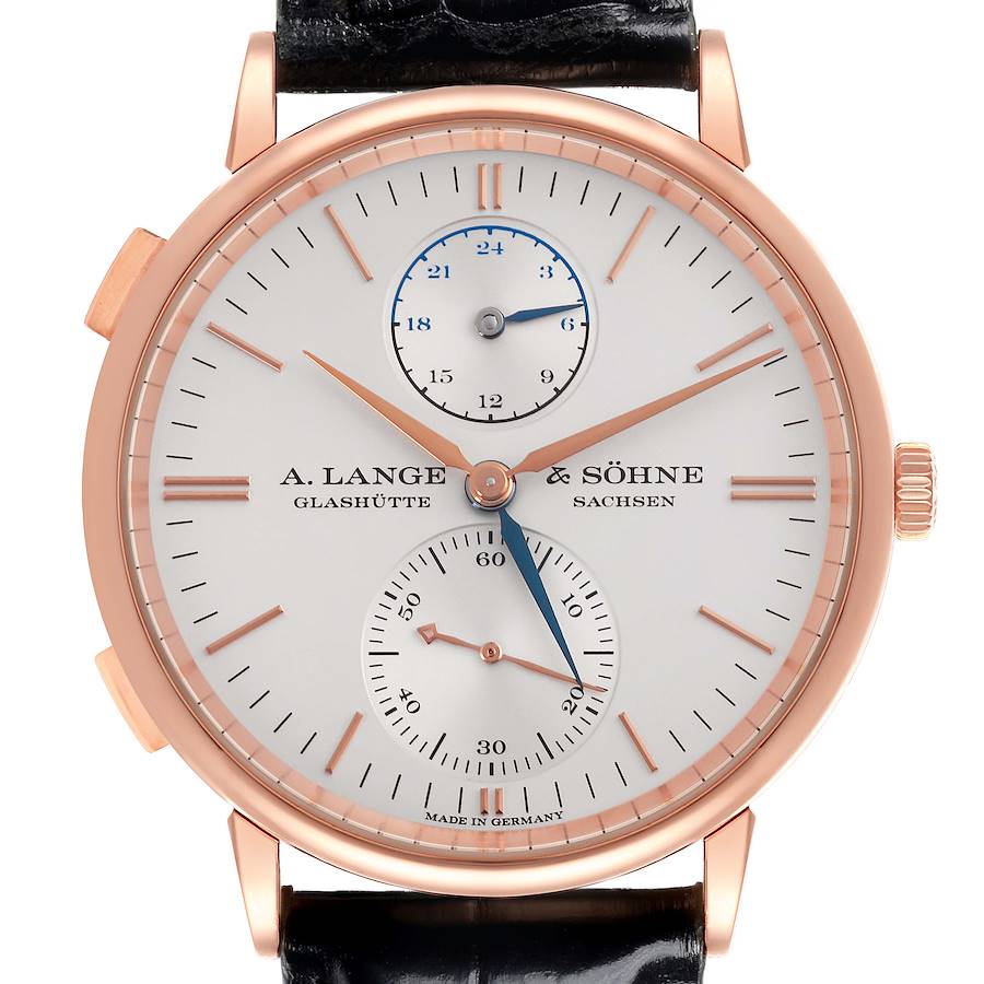 The A. Lange & Söhne Saxonia watch is shown from a front angle, highlighting the face, dials, and hour markers.