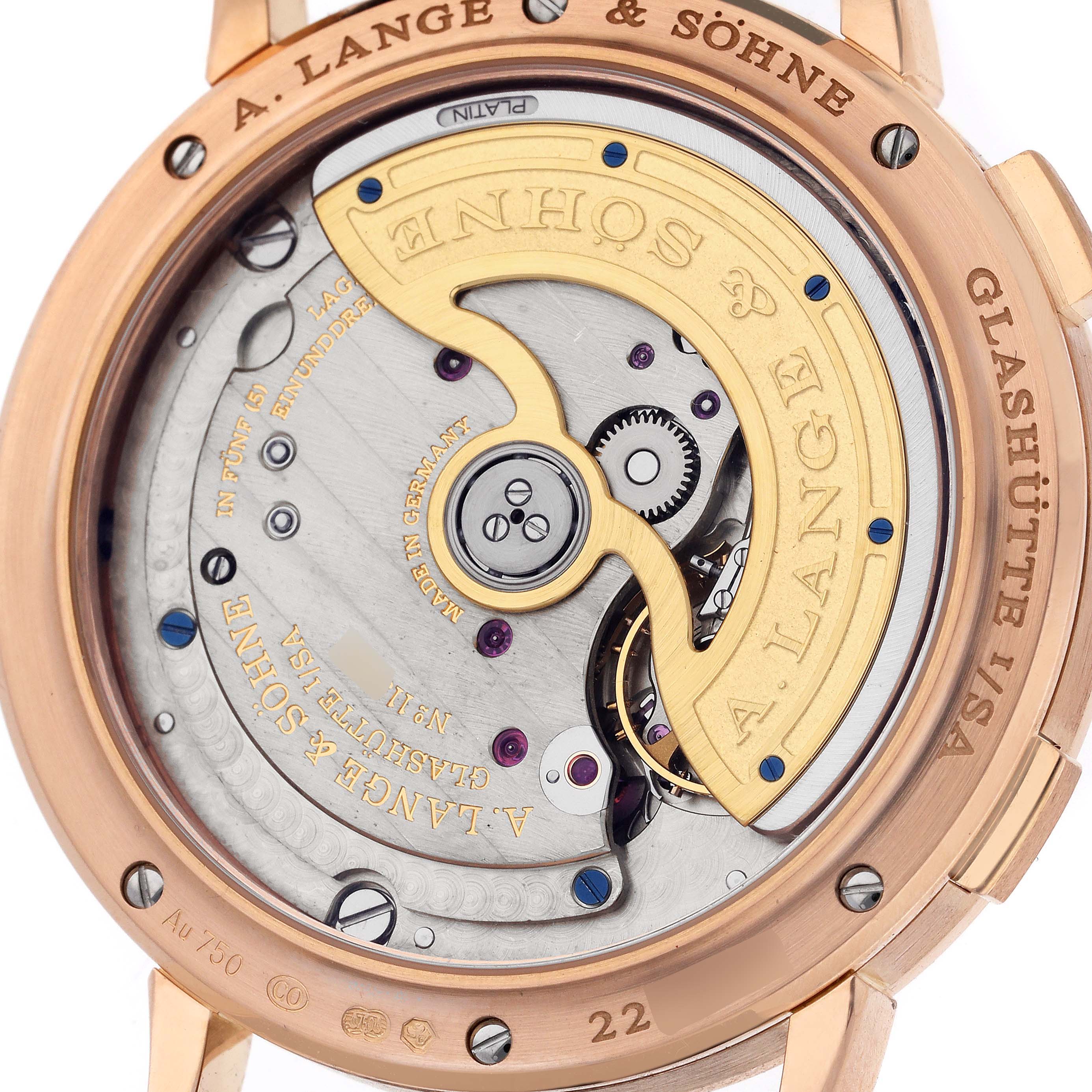 The image shows the back of the A. Lange & Sohne Saxonia 386.032 Men's Rose Gold Silver Dial, highlighting its movement and rotor.