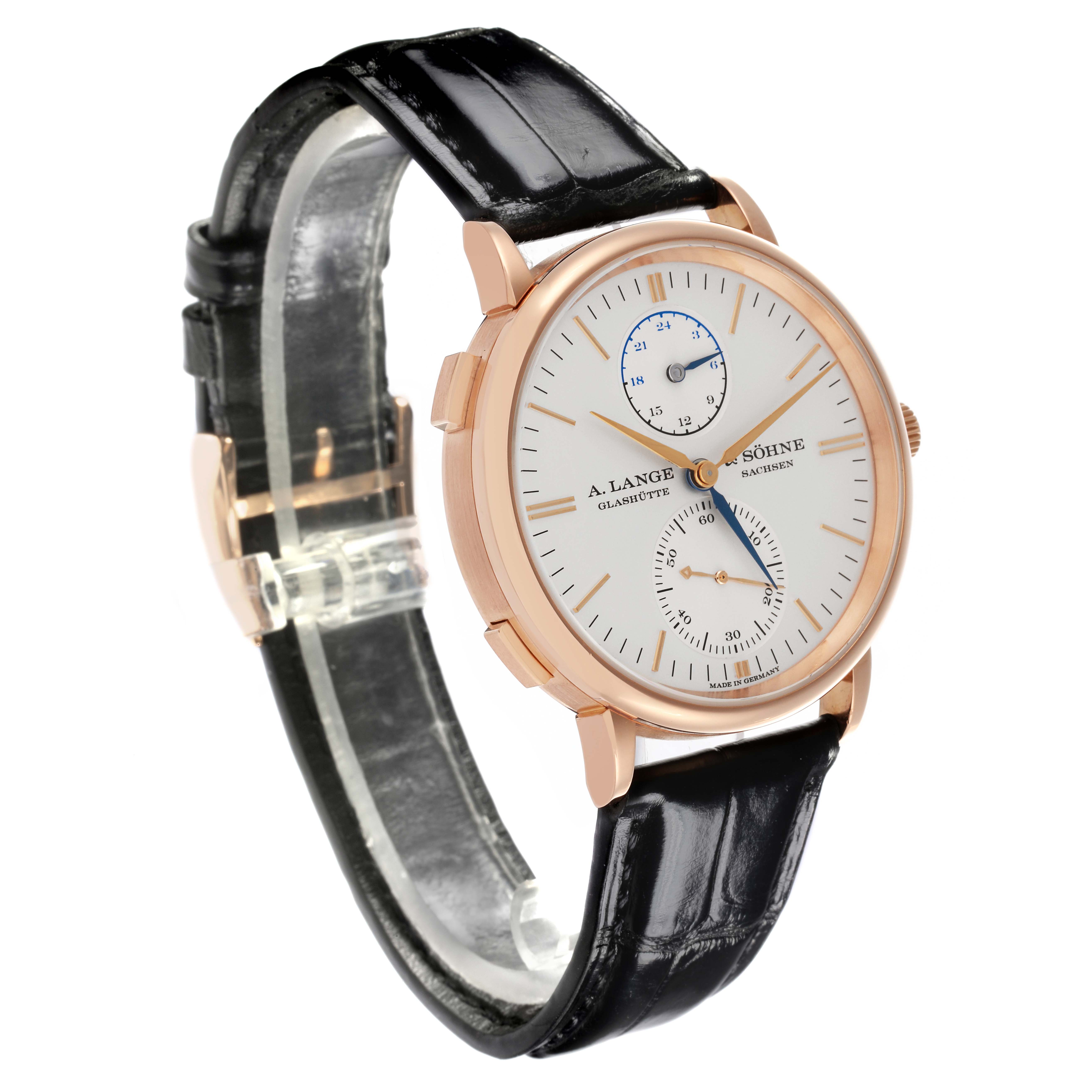 The A. Lange & Sohne Saxonia 386.032 Men's Rose Gold Silver Dial watch is shown at a side angle, highlighting the dial, case, and leather strap.