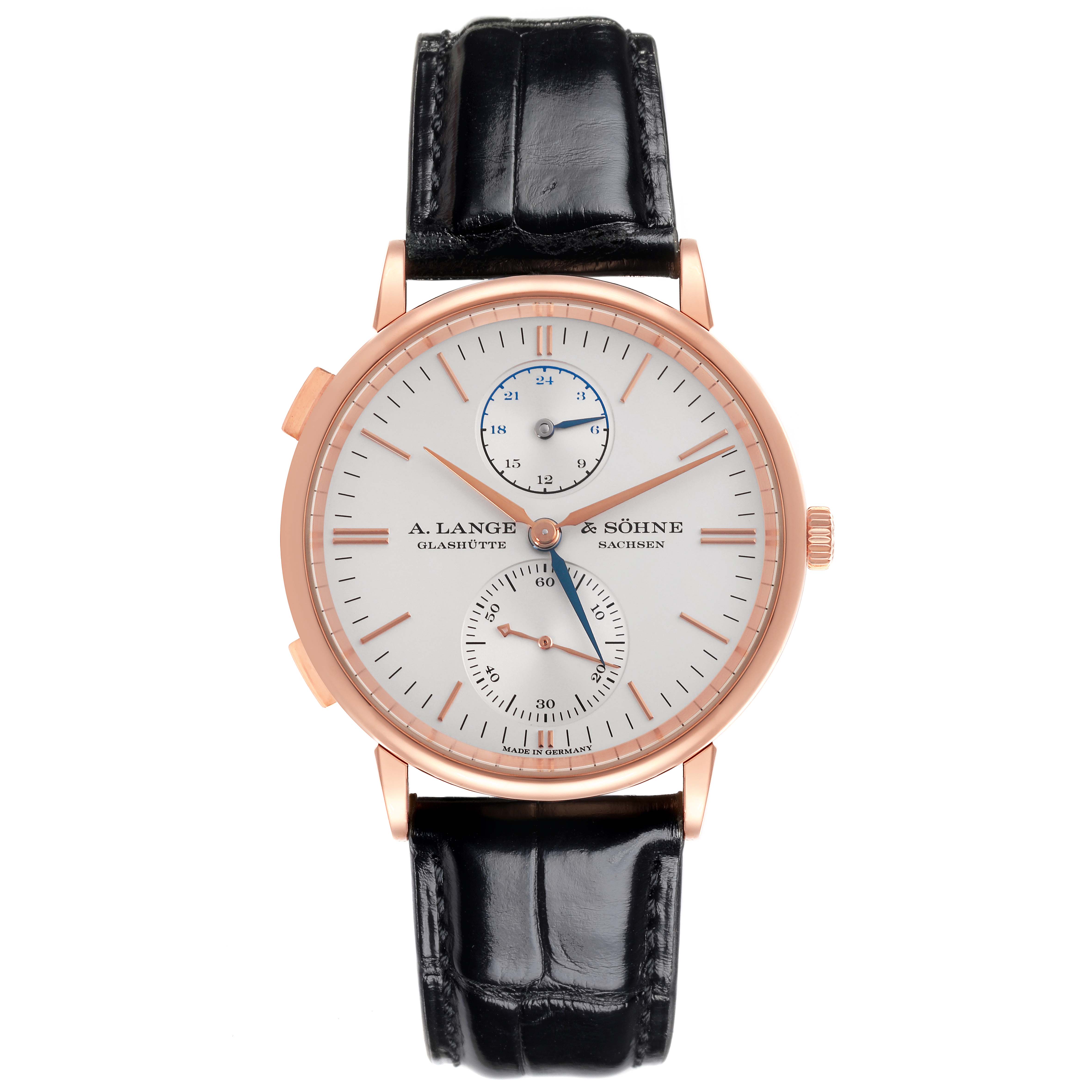 The A. Lange & Sohne Saxonia 386.032 Men's Rose Gold Silver Dial watch is shown from a direct front angle, displaying the dial, hands, sub-dials, and strap.