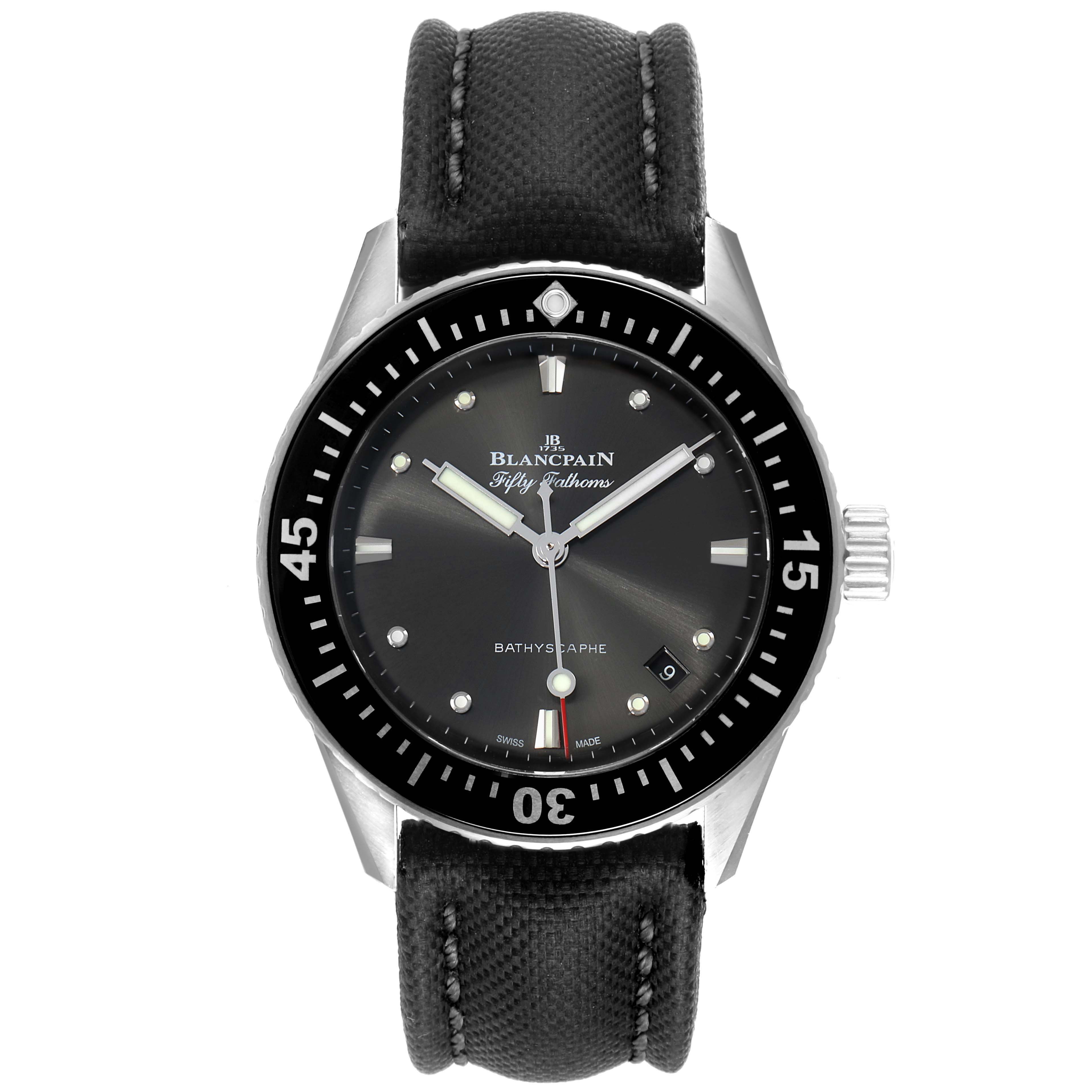 The image shows a front-facing view of the Blancpain Fifty Fathoms 5100B-1110-B52A Men's Stainless Steel Grey Dial 5100B-1110-B52A Men's Stainless Steel Grey Dial Bathyscaphe watch, displaying its dial, bezel, and strap.