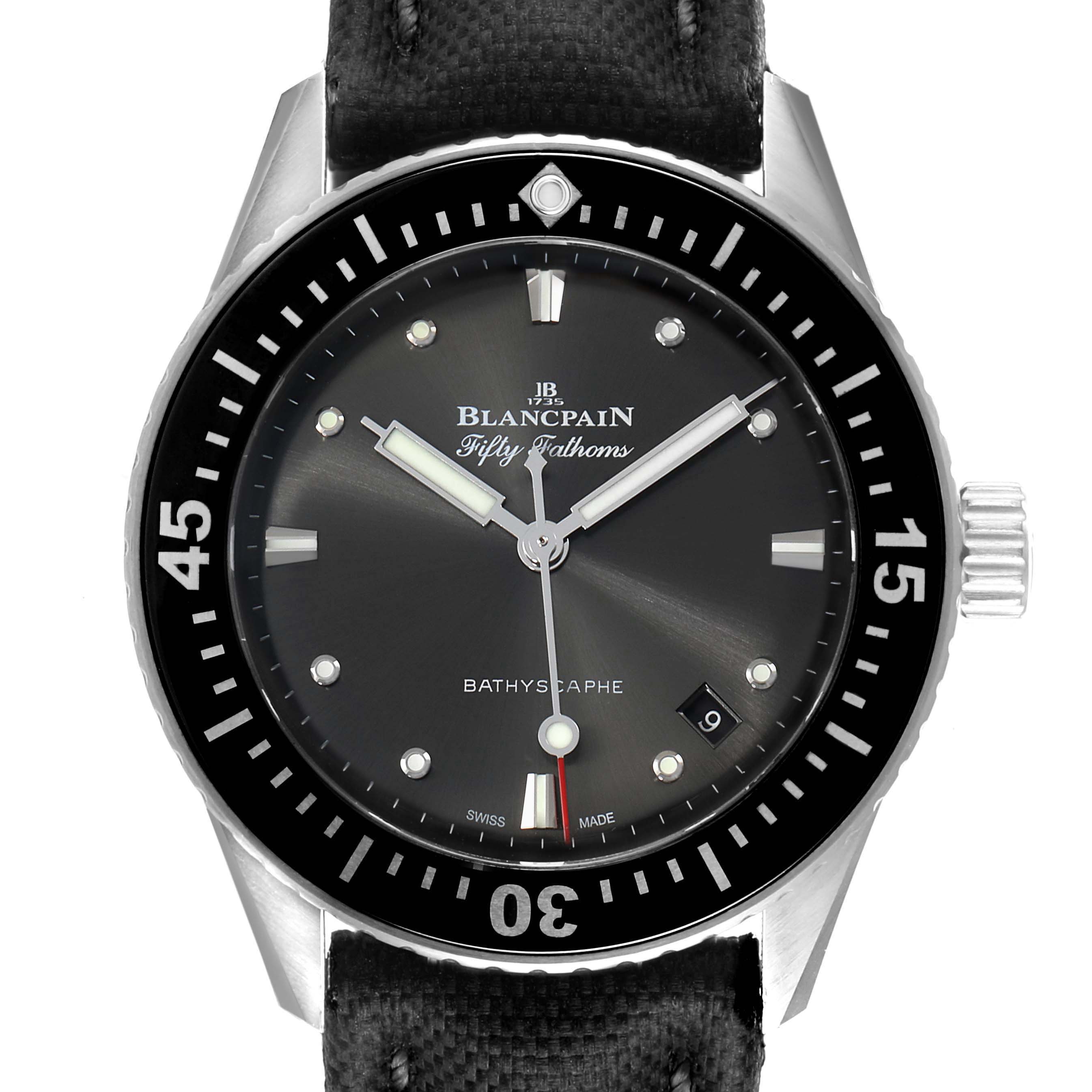 The image shows a front view of a Blancpain Fifty Fathoms 5100B-1110-B52A Men's Stainless Steel Grey Dial 5100B-1110-B52A Men's Stainless Steel Grey Dial watch, displaying its dial, bezel, hands, and crown.