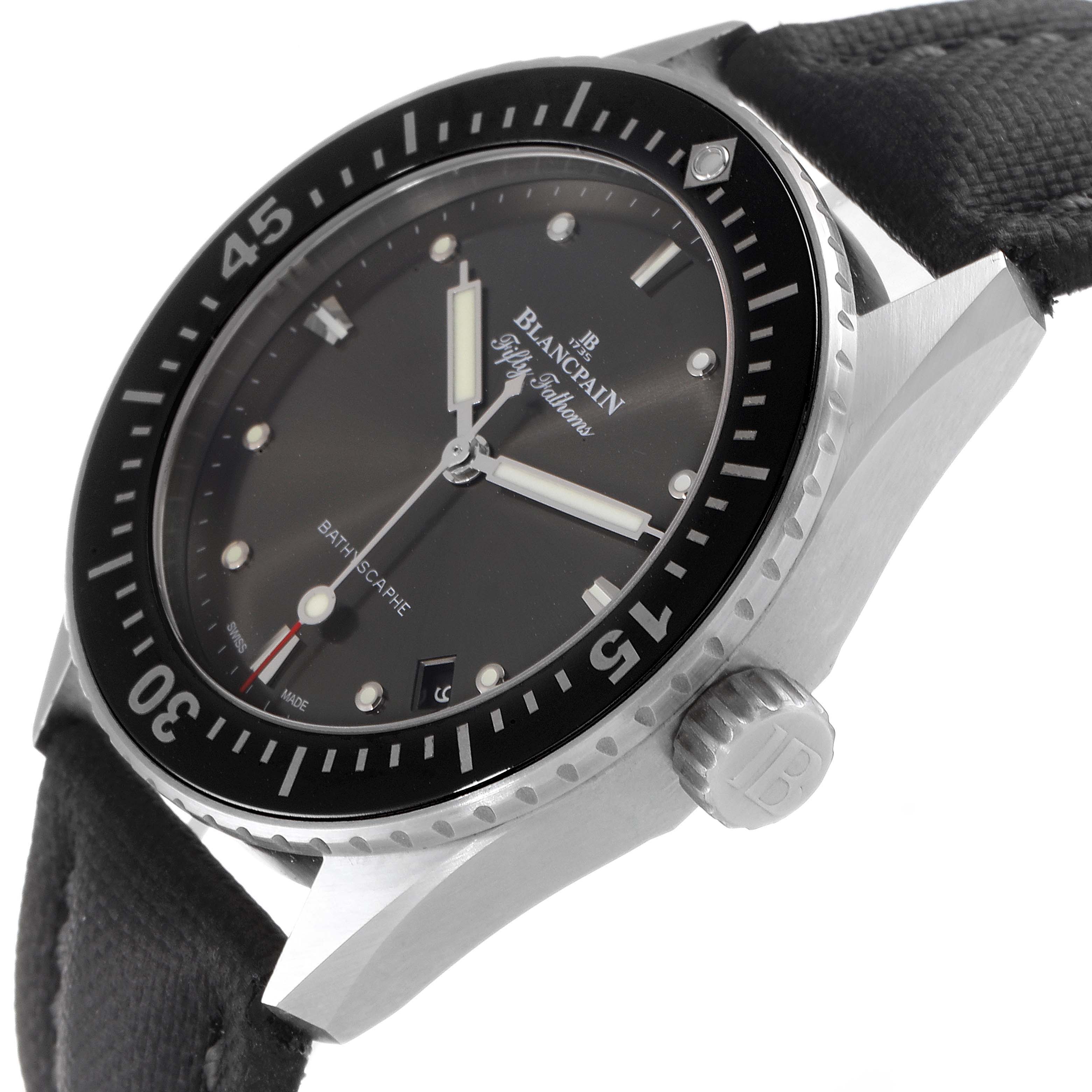 The image shows a Blancpain Fifty Fathoms 5100B-1110-B52A Men's Stainless Steel Grey Dial 5100B-1110-B52A Men's Stainless Steel Grey Dial watch angled from the front-left, highlighting the dial, bezel, crown, and strap.