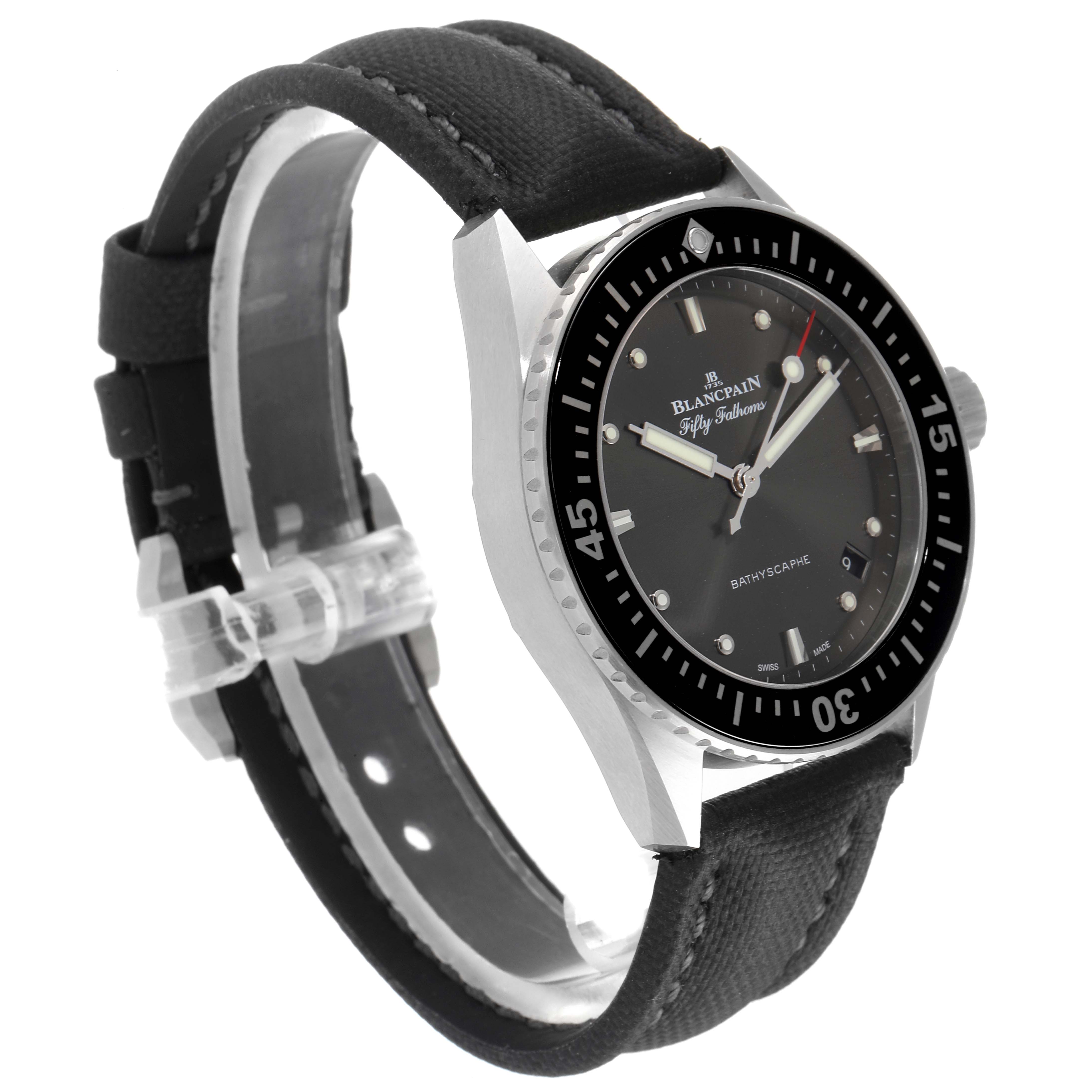 This image shows a side and angled view of the Blancpain Fifty Fathoms 5100B-1110-B52A Men's Stainless Steel Grey Dial 5100B-1110-B52A Men's Stainless Steel Grey Dial watch, focusing on the watch face, bezel, and strap.