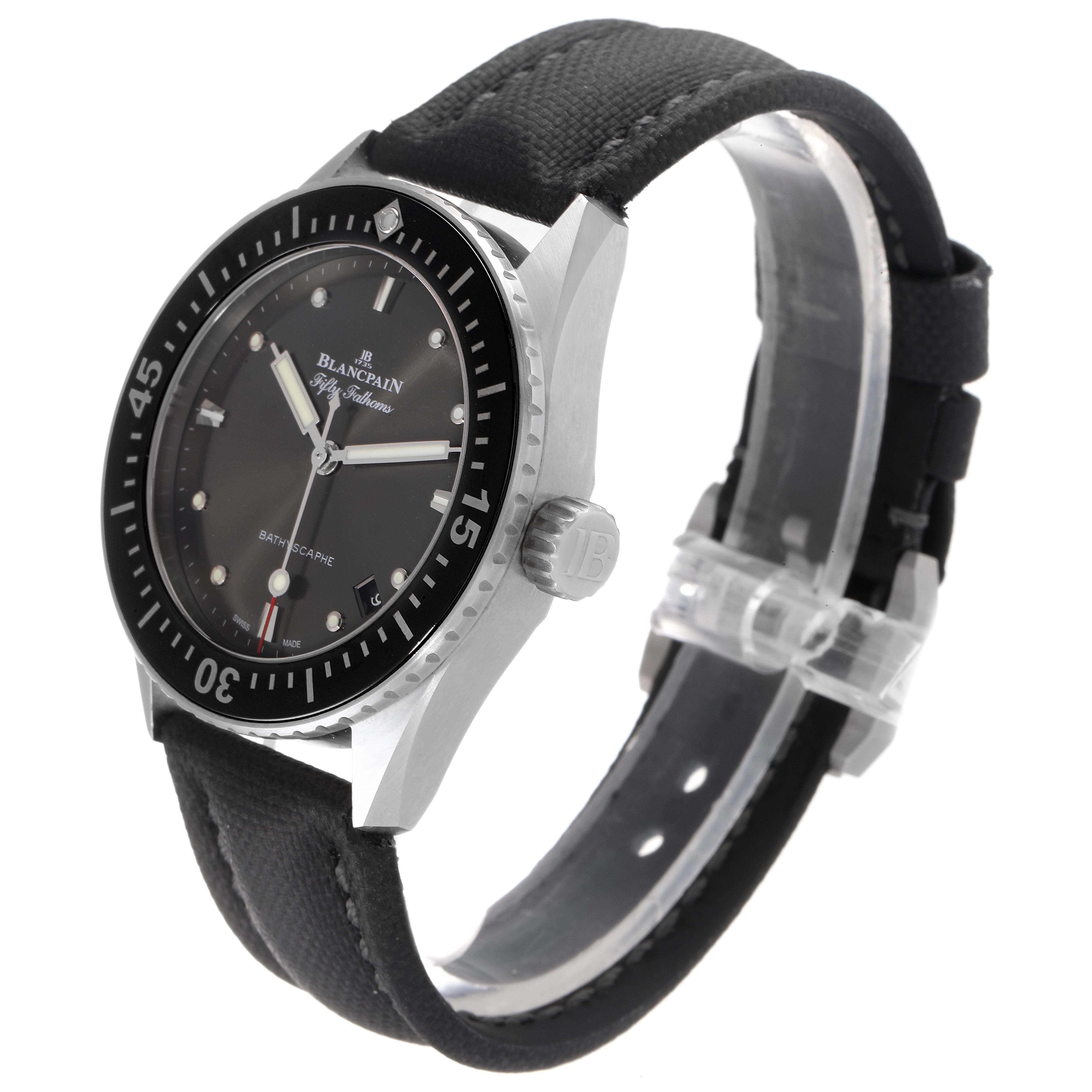 The image shows a side angle of a Blancpain Fifty Fathoms 5100B-1110-B52A Men's Stainless Steel Grey Dial 5100B-1110-B52A Men's Stainless Steel Grey Dial watch, highlighting the bezel, dial, crown, and strap.
