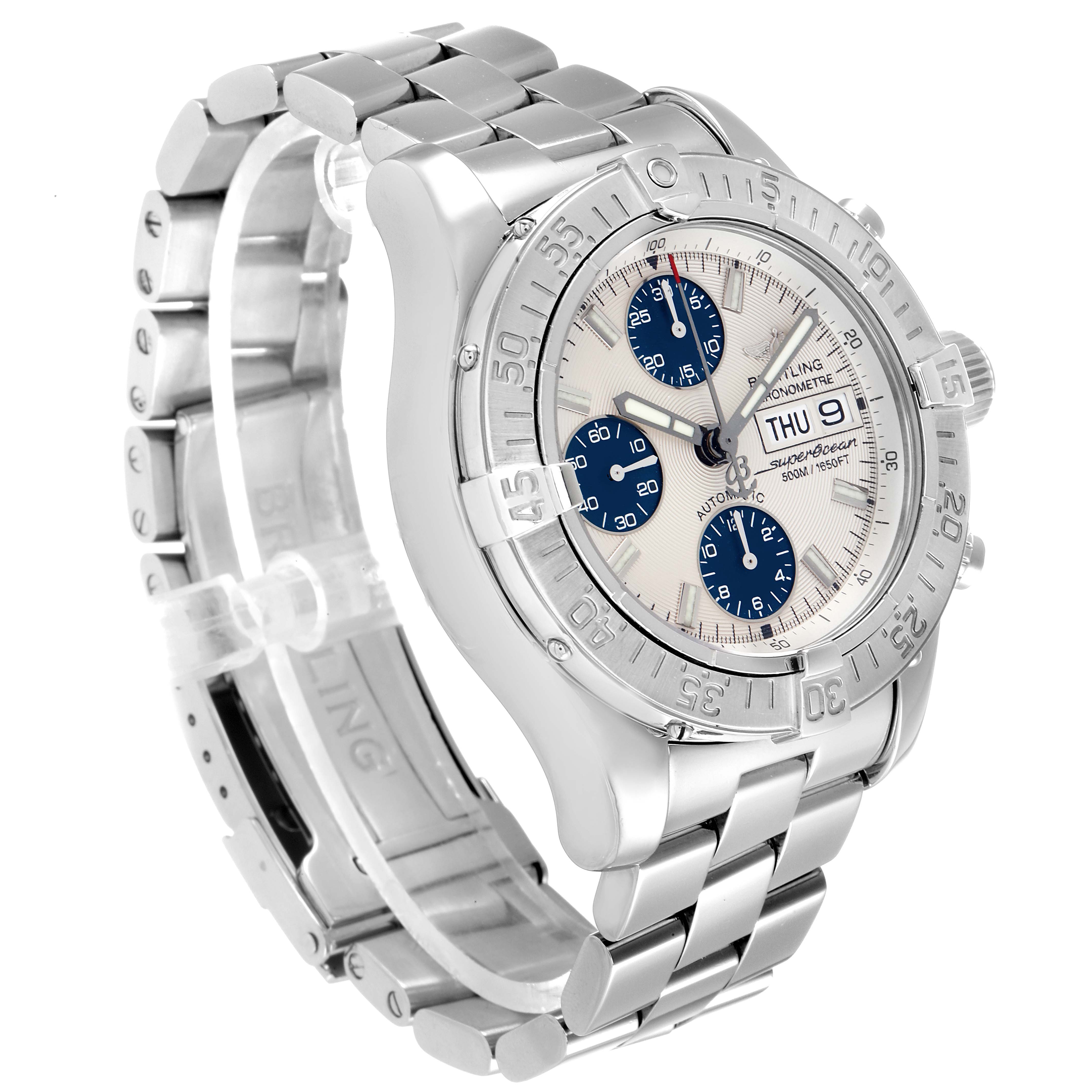 This image shows a side angle view of the Breitling Superocean A13340 Men's Stainless Steel Beige Dial A13340 Men's Stainless Steel Beige Dial watch, highlighting its bracelet, bezel, and dial.