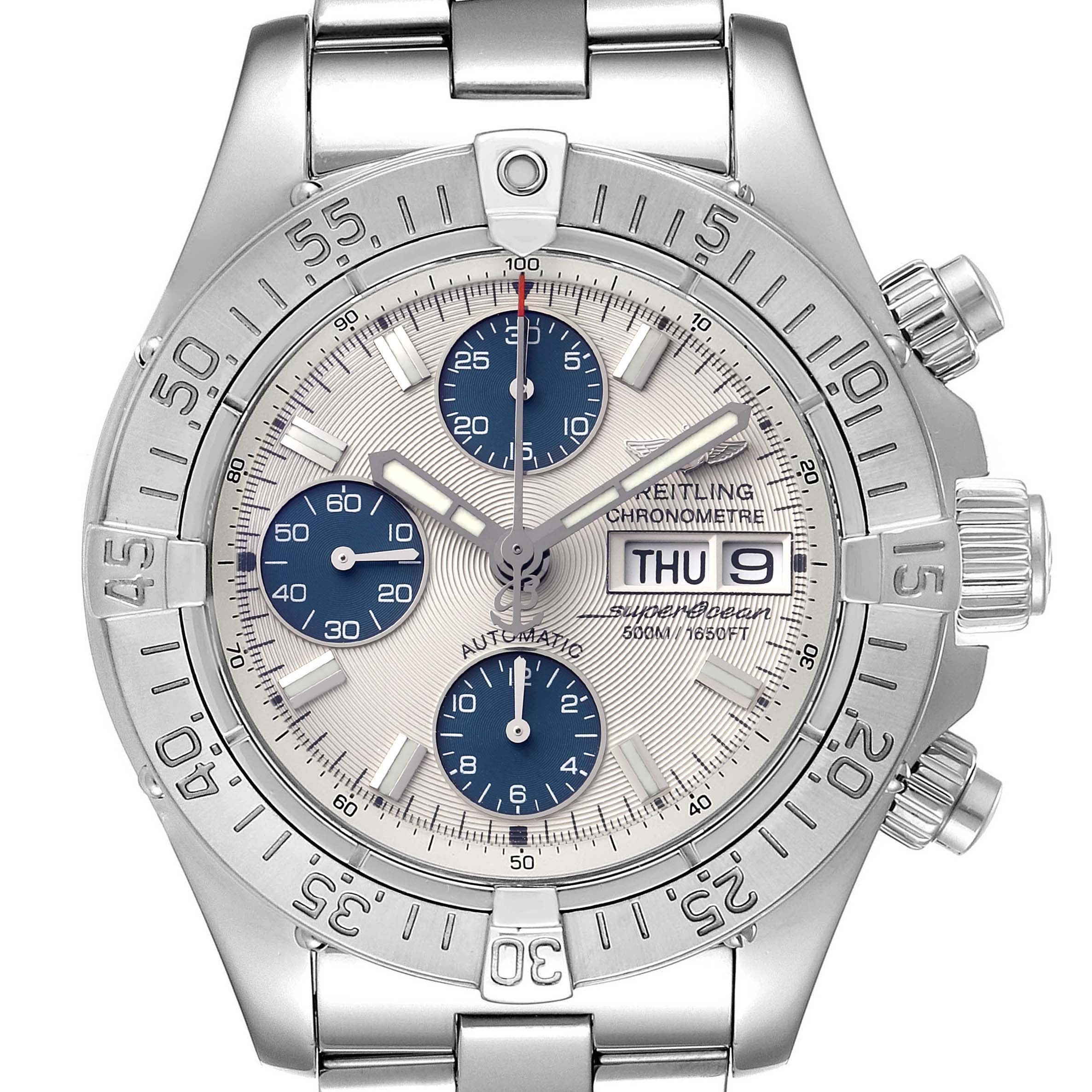 The image shows a front view of a Breitling Superocean A13340 Men's Stainless Steel Beige Dial A13340 Men's Stainless Steel Beige Dial watch, highlighting its dial, bezel, markers, and chronograph subdials.
