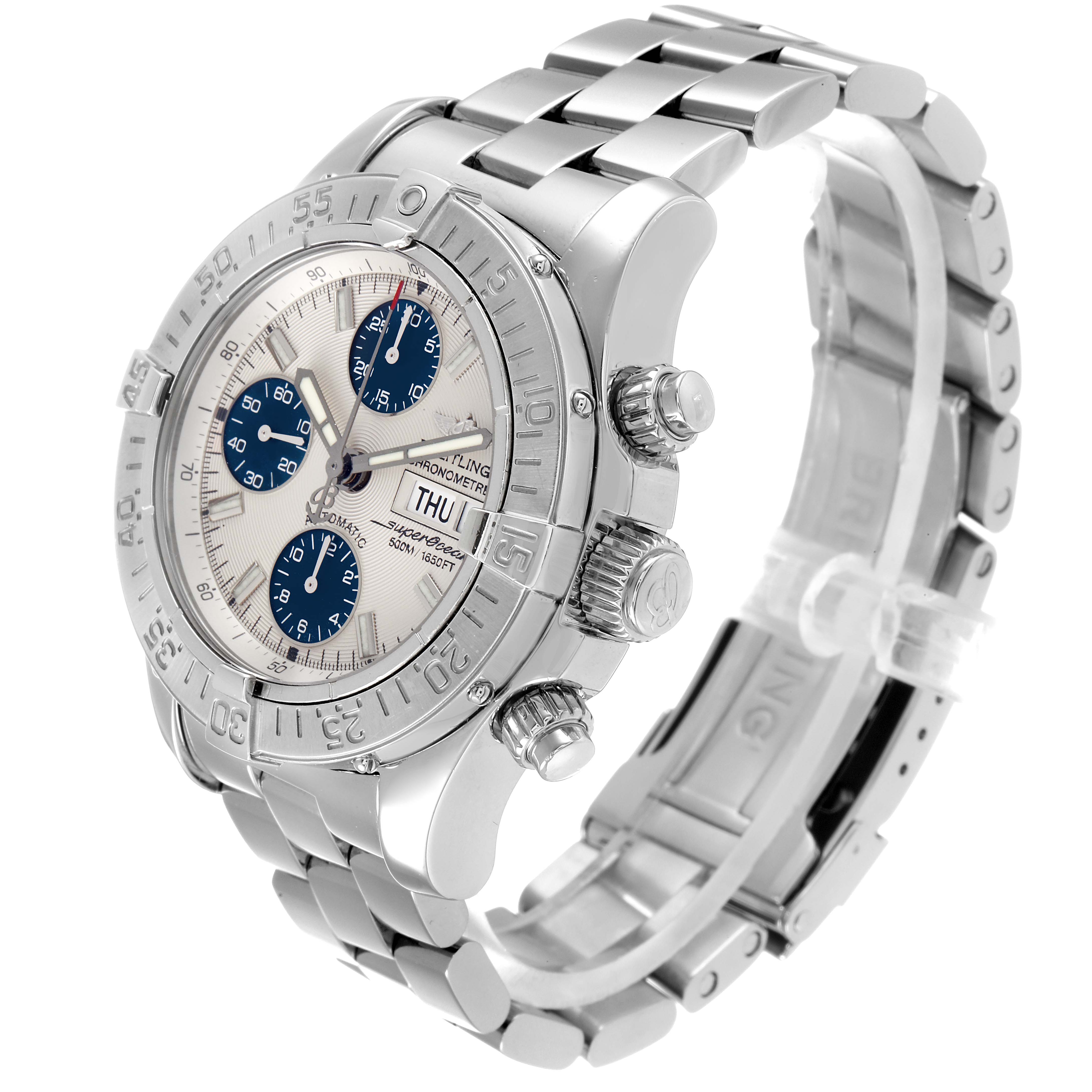 The Breitling Superocean A13340 Men's Stainless Steel Beige Dial A13340 Men's Stainless Steel Beige Dial watch is shown at an angle displaying the face, bezel, crown, pushers, and stainless steel bracelet.