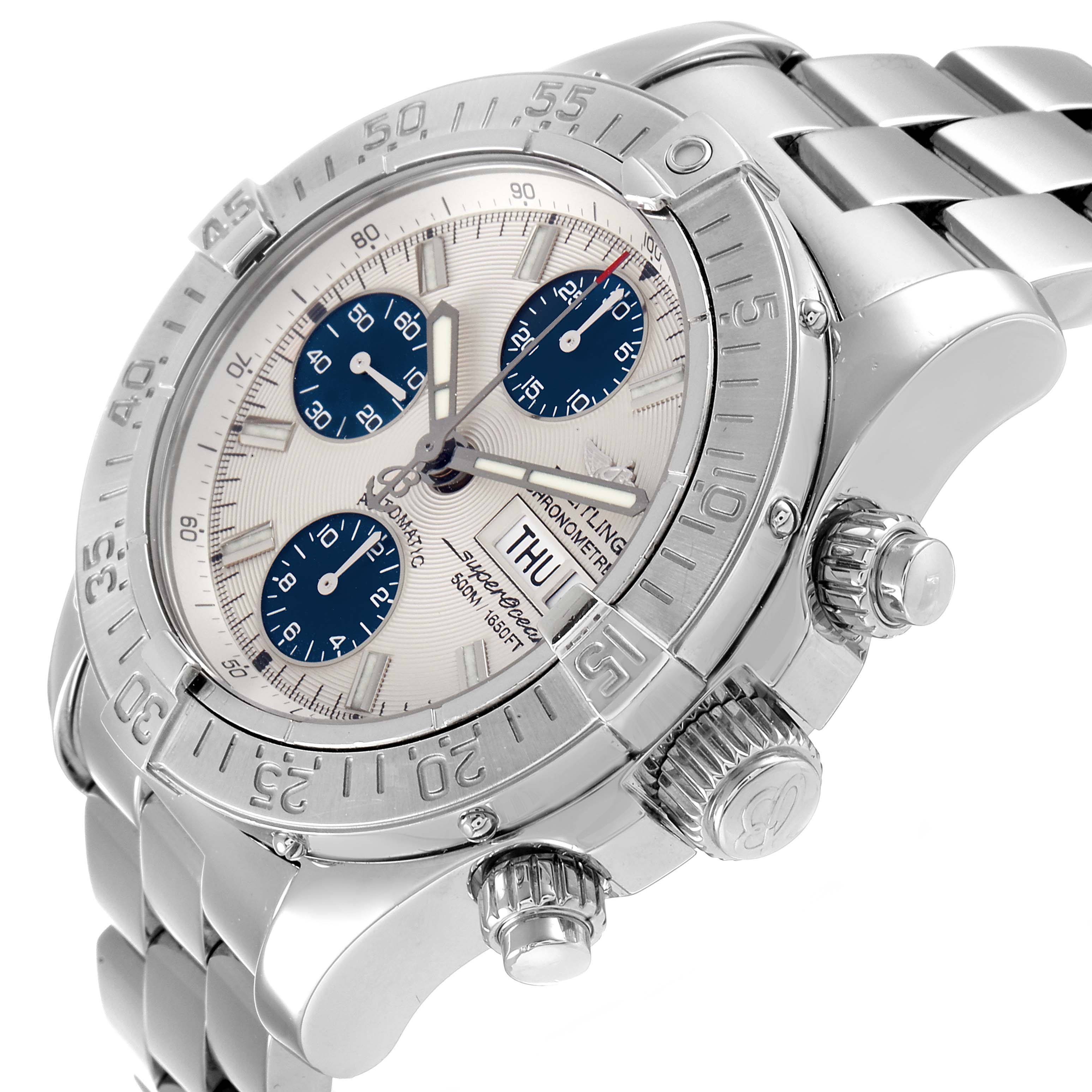 The image shows a close-up angle of a Breitling Superocean A13340 Men's Stainless Steel Beige Dial A13340 Men's Stainless Steel Beige Dial watch, highlighting its face, bezel, pushers, and part of the bracelet.