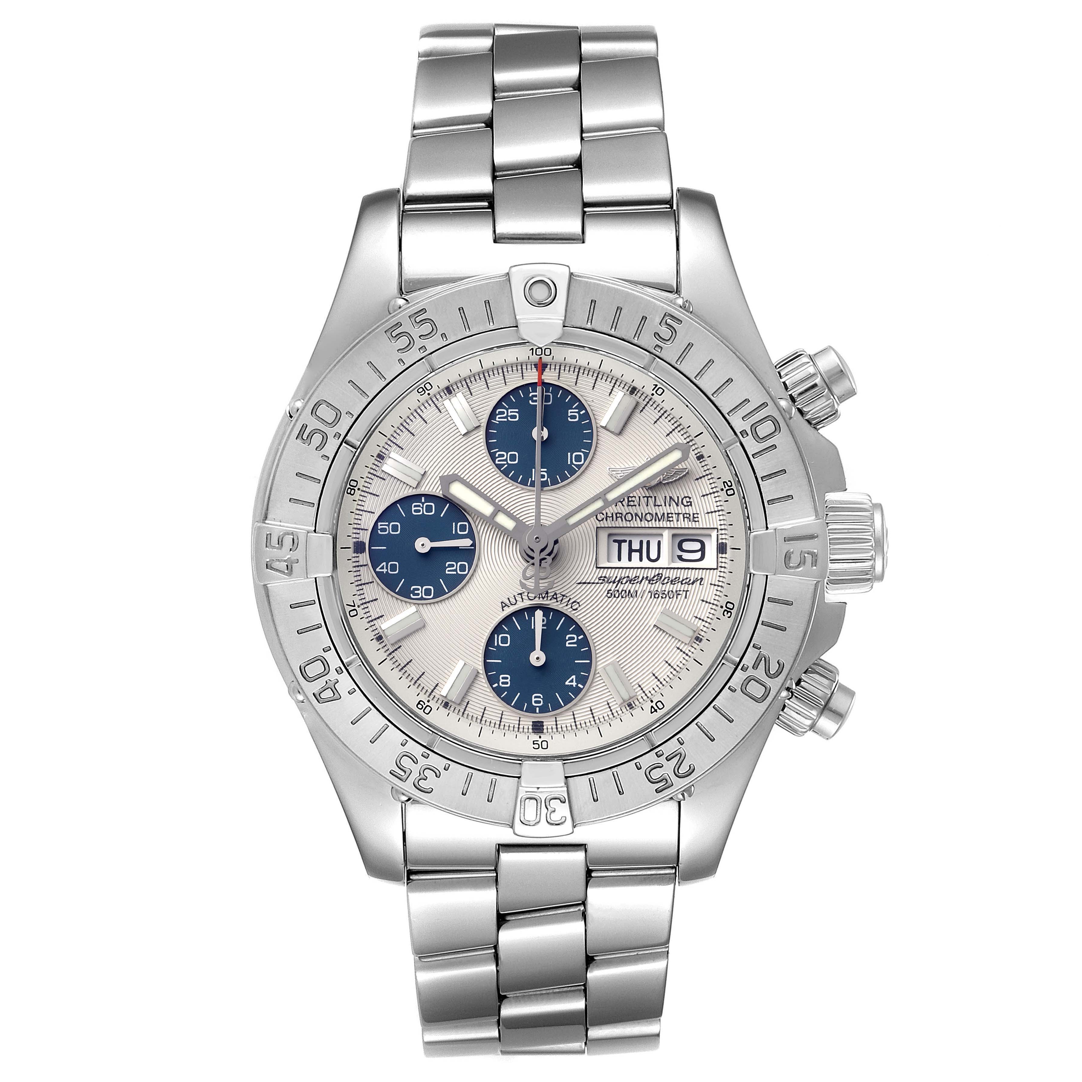 The image shows a front view of the Breitling Superocean A13340 Men's Stainless Steel Beige Dial A13340 Men's Stainless Steel Beige Dial watch, displaying its face, bezel, dials, and metal bracelet.
