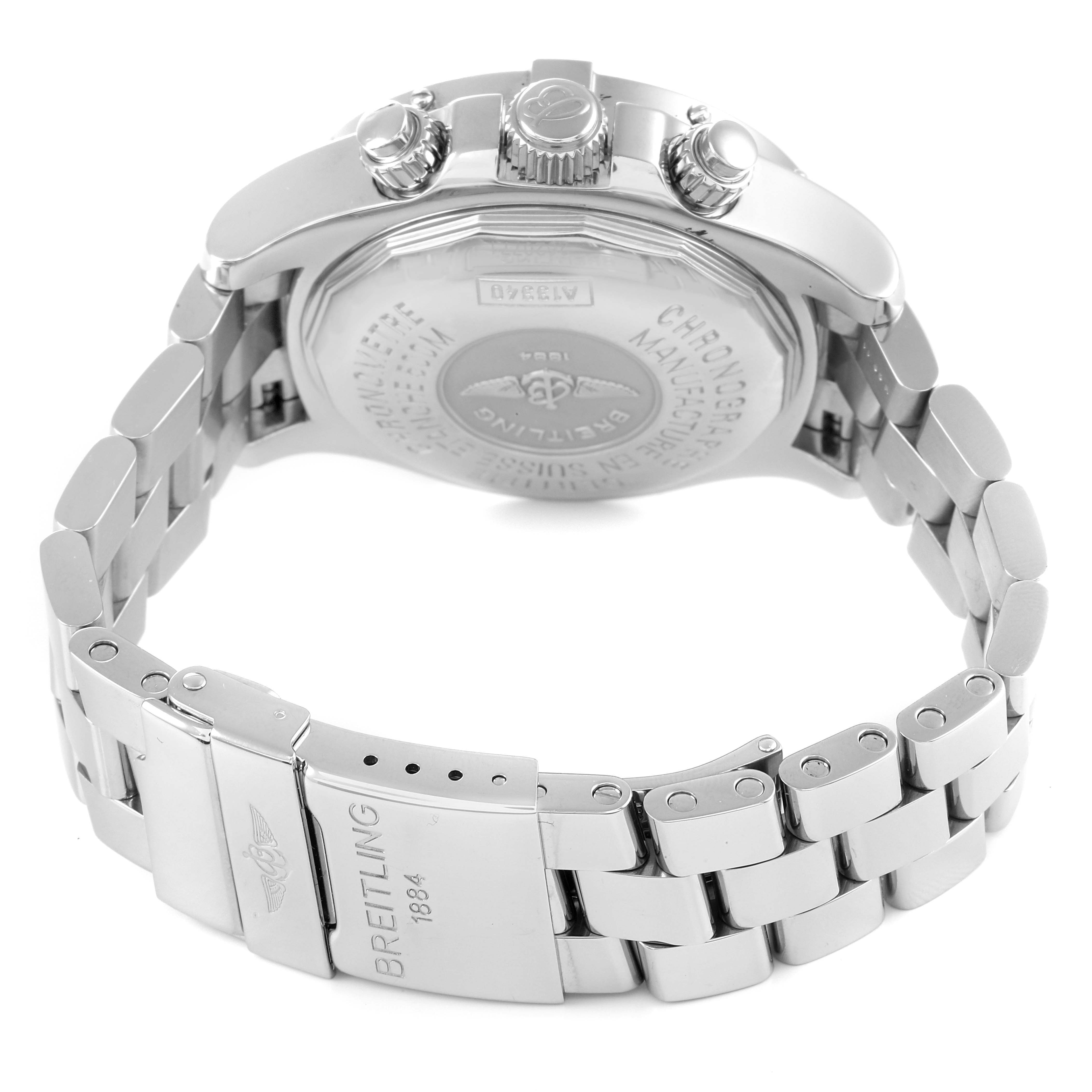 The image shows the back view and partial side angle of a Breitling Superocean A13340 Men's Stainless Steel Beige Dial A13340 Men's Stainless Steel Beige Dial watch, highlighting its clasp and stainless steel bracelet.