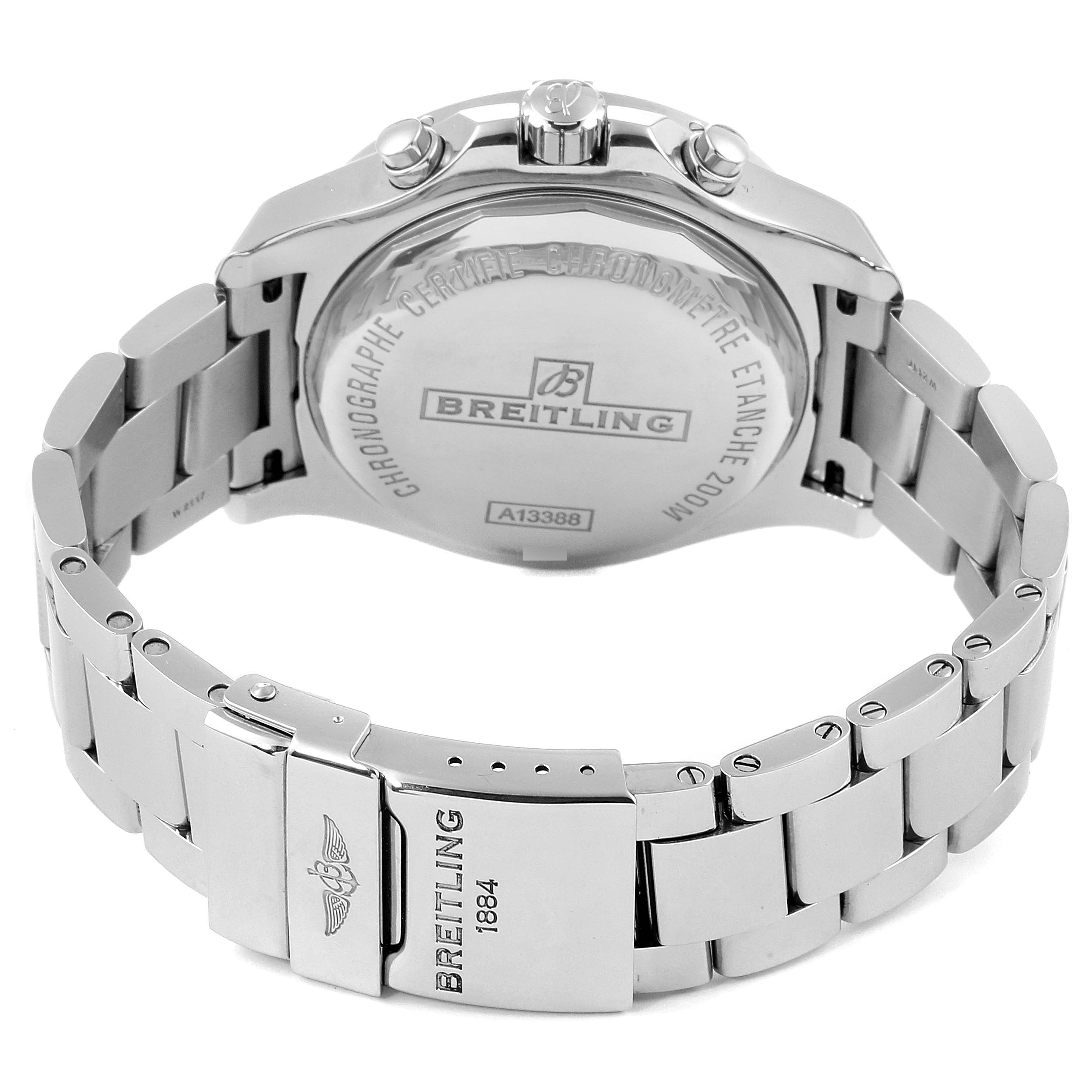 The image shows the back view of a Breitling Colt A13035 Men's Stainless Steel Blue Dial A13035 Men's Stainless Steel Blue Dial watch, displaying the rear case and metal bracelet with the clasp open.