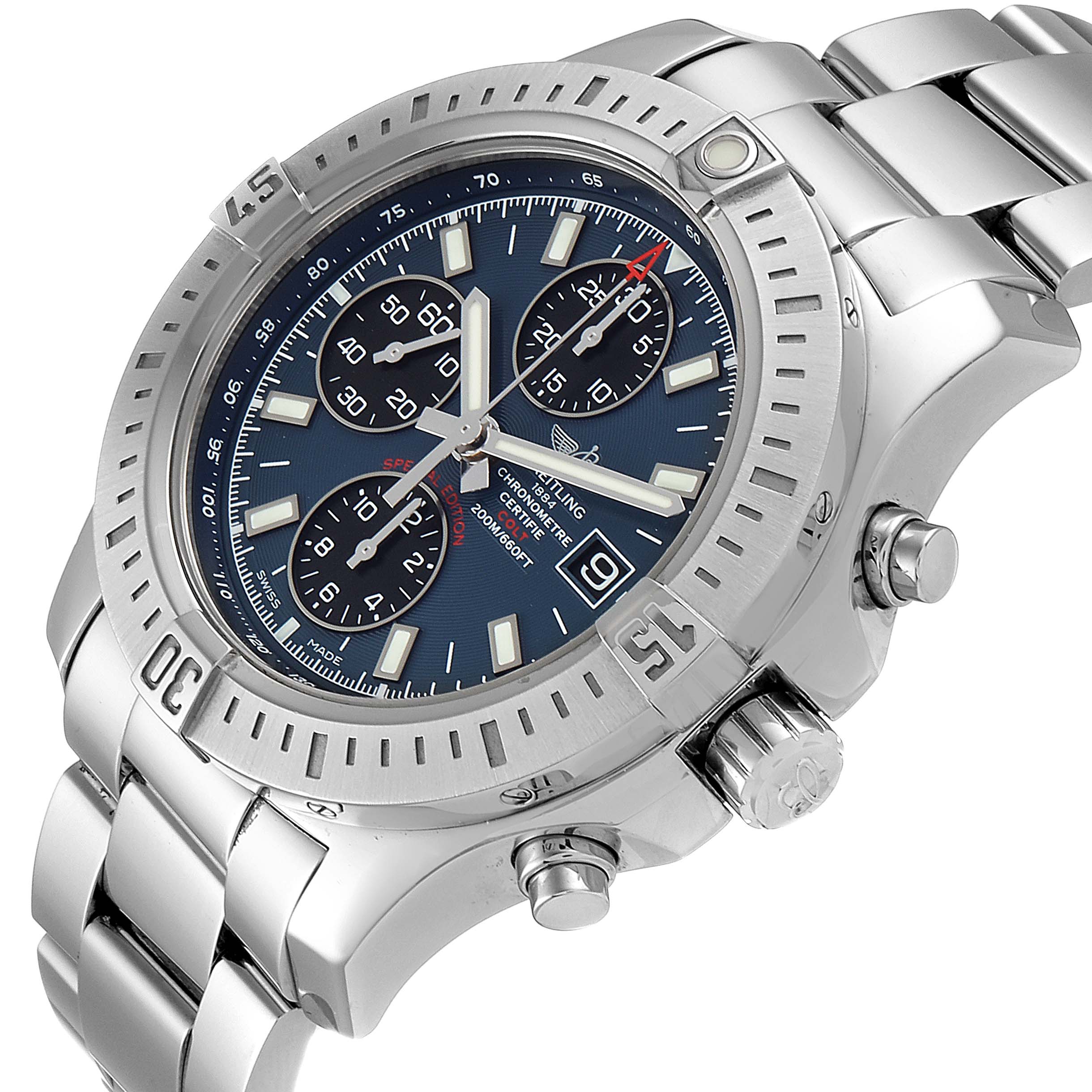 The image shows a Breitling Colt A13035 Men's Stainless Steel Blue Dial A13035 Men's Stainless Steel Blue Dial watch angled to display its face, bezel, crown, and part of the bracelet.