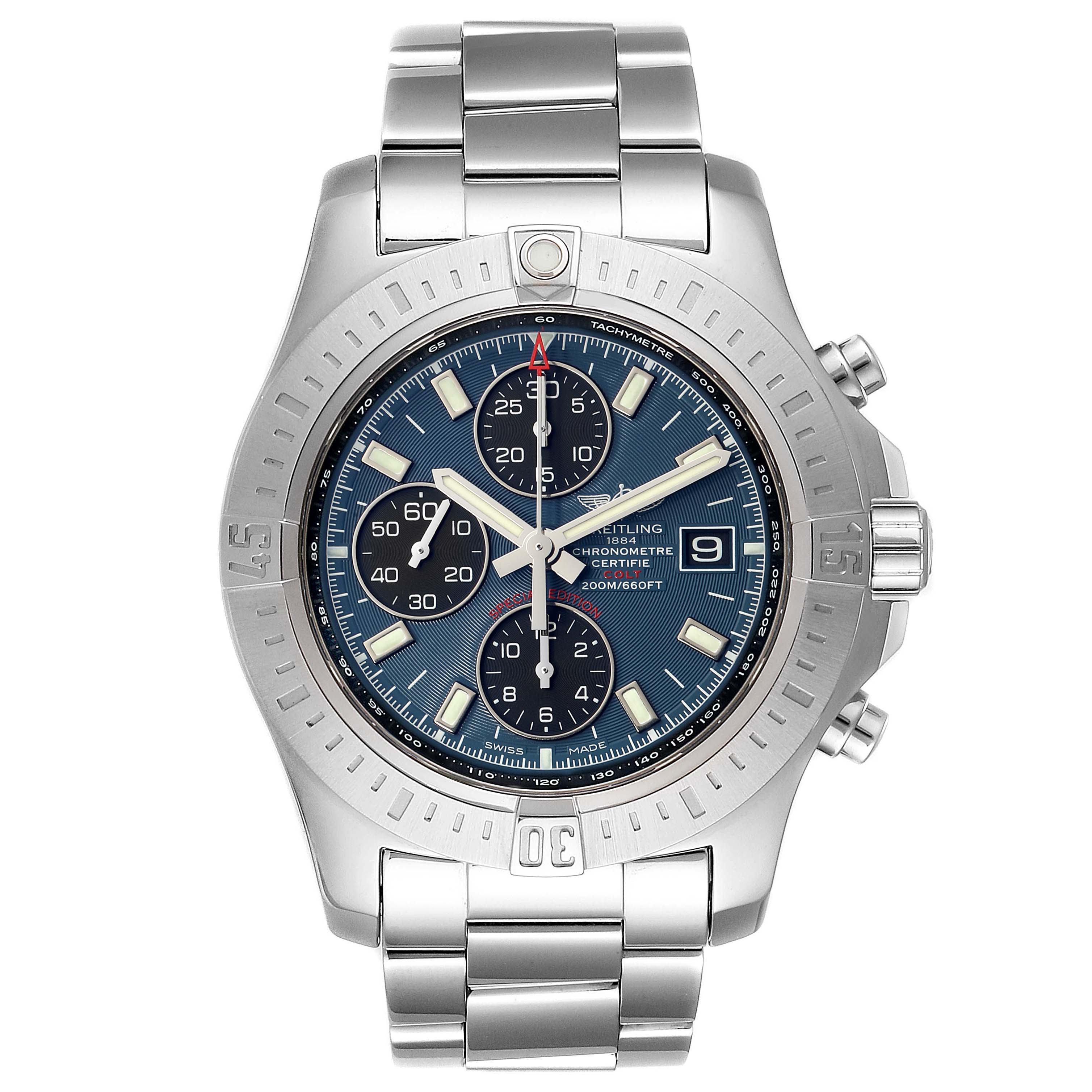 This image shows a front view of a Breitling Colt A13035 Men's Stainless Steel Blue Dial A13035 Men's Stainless Steel Blue Dial watch, highlighting its face, bezel, chronograph subdials, and stainless steel bracelet.