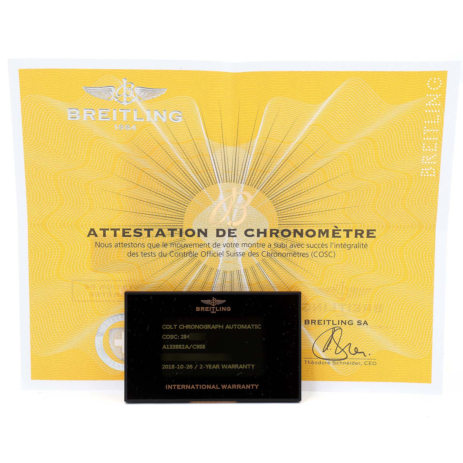 The image shows the certification and international warranty card for a Breitling Colt A13035 Men's Stainless Steel Blue Dial A13035 Men's Stainless Steel Blue Dial Chronograph Automatic.