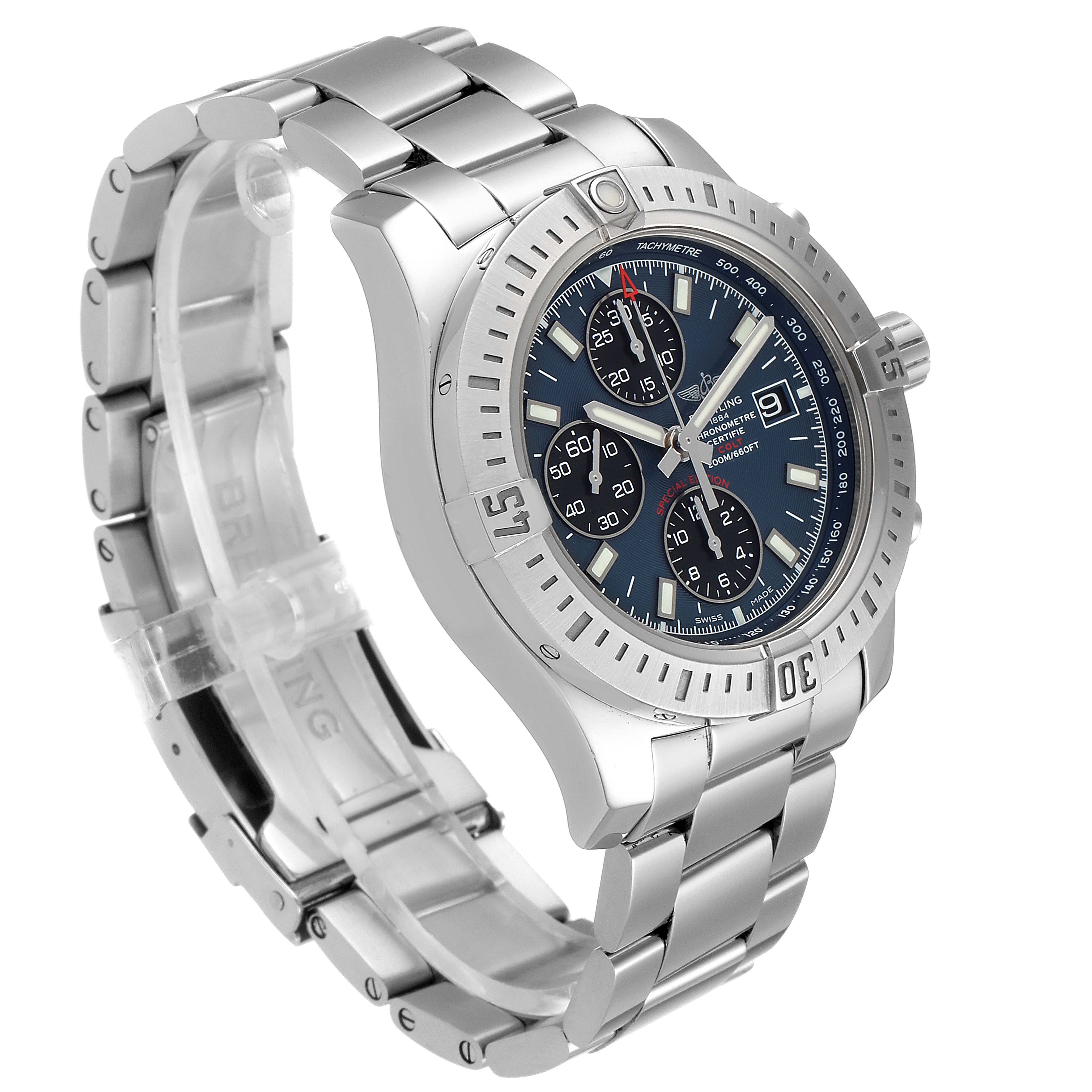 The image shows a Breitling Colt A13035 Men's Stainless Steel Blue Dial A13035 Men's Stainless Steel Blue Dial watch at a three-quarter angle, highlighting its stainless steel case, bezel, and bracelet.