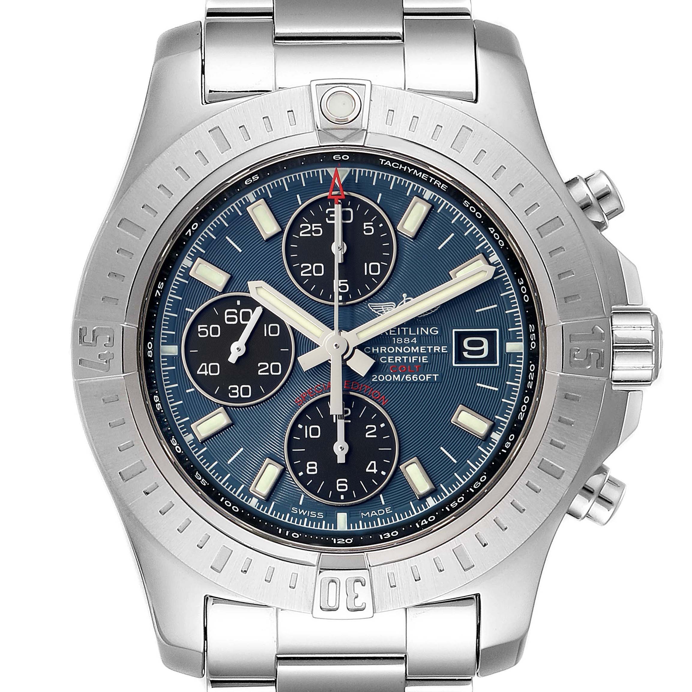 The image shows a front view of the Breitling Colt A13035 Men's Stainless Steel Blue Dial A13035 Men's Stainless Steel Blue Dial model watch, highlighting the dial, bezel, and bracelet.