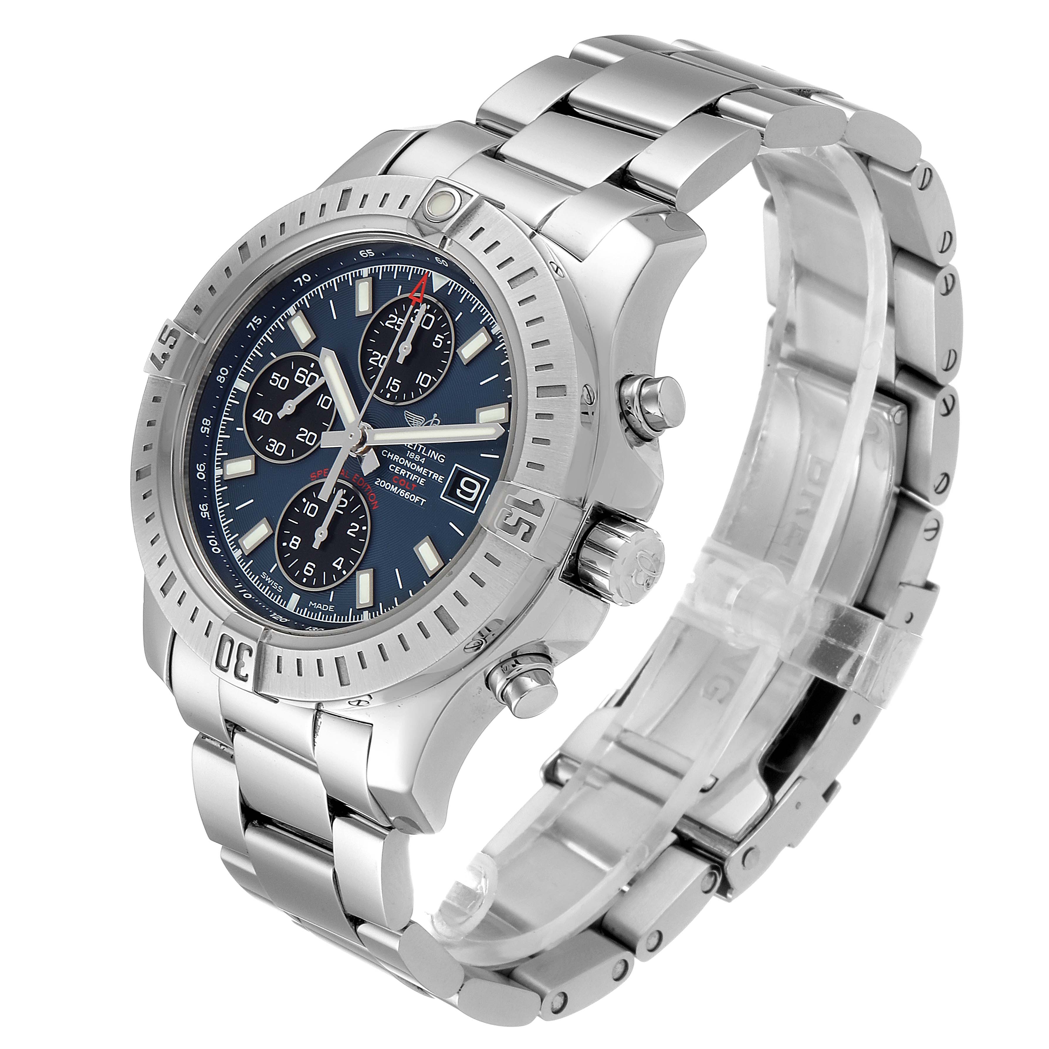 The image shows the Breitling Colt A13035 Men's Stainless Steel Blue Dial A13035 Men's Stainless Steel Blue Dial watch at an angled view, highlighting its face, bezel, and metal bracelet.