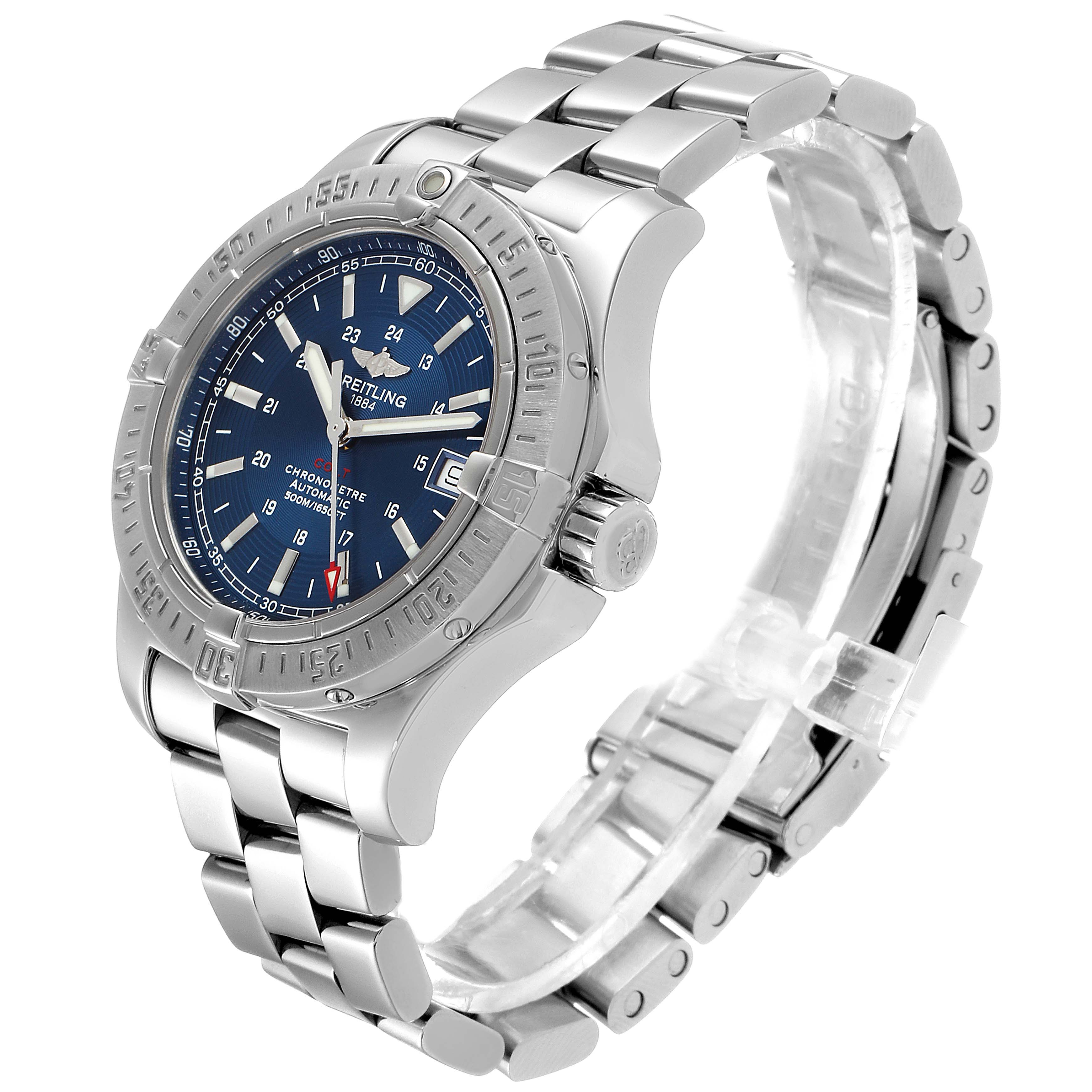 The Breitling Colt A17380 Men's Stainless Steel Blue Dial A17380 Men's Stainless Steel Blue Dial watch is shown at a 3/4 angle, displaying the face, bezel, crown, and part of the stainless steel bracelet.