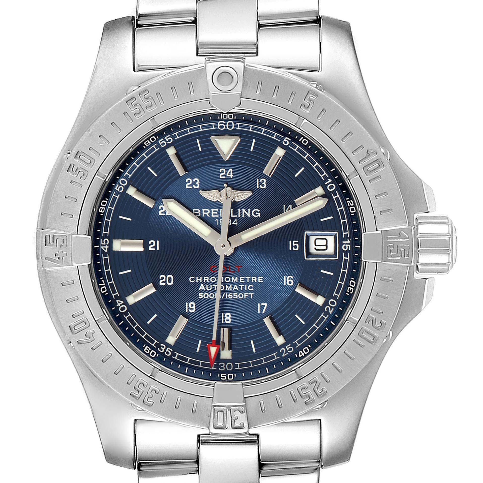 The image shows a front angle view of a Breitling Colt A17380 Men's Stainless Steel Blue Dial A17380 Men's Stainless Steel Blue Dial watch highlighting its face, bezel, crown, and bracelet.