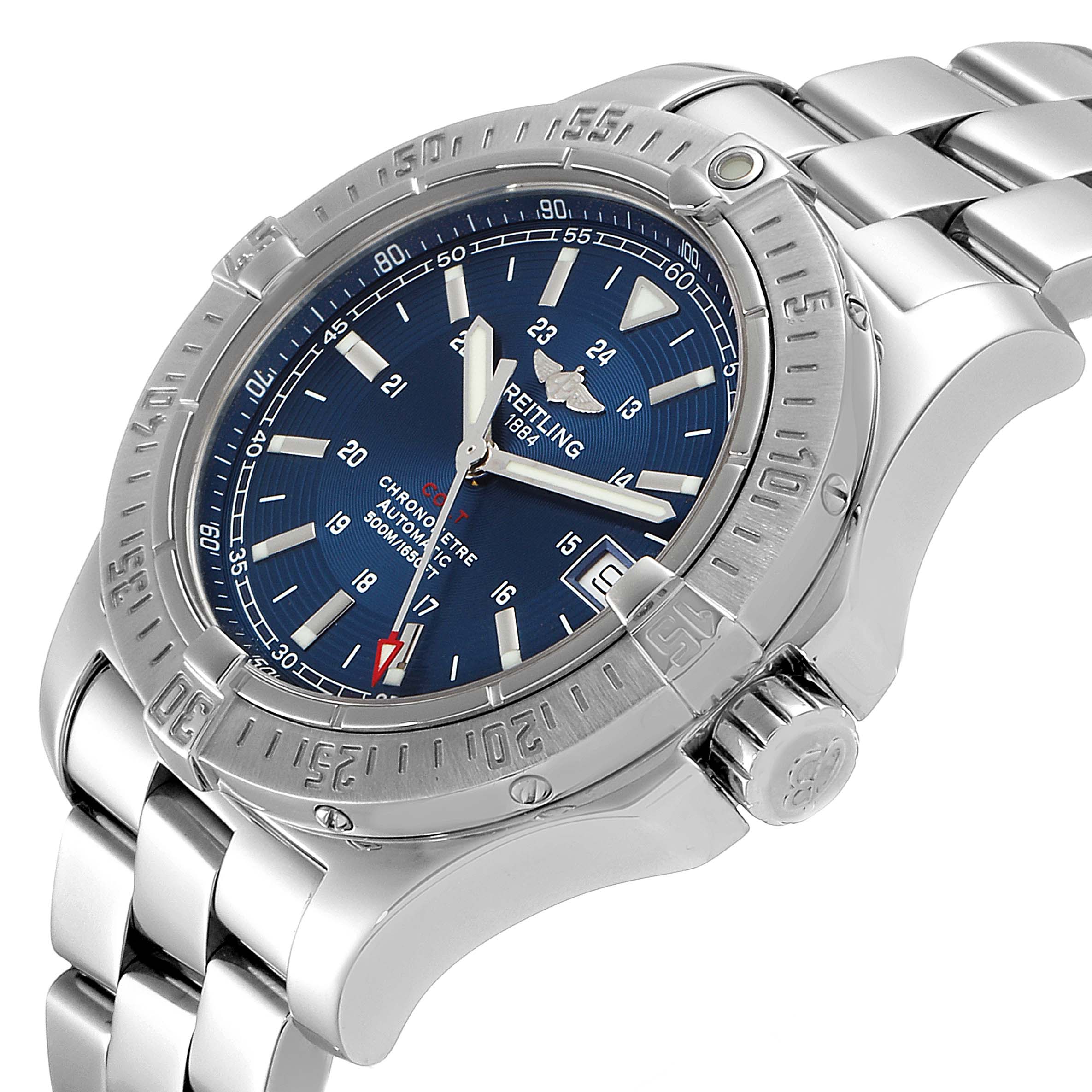 This image shows a Breitling Colt A17380 Men's Stainless Steel Blue Dial A17380 Men's Stainless Steel Blue Dial watch at a slight angle, highlighting its blue dial, stainless steel bezel, and linked bracelet.