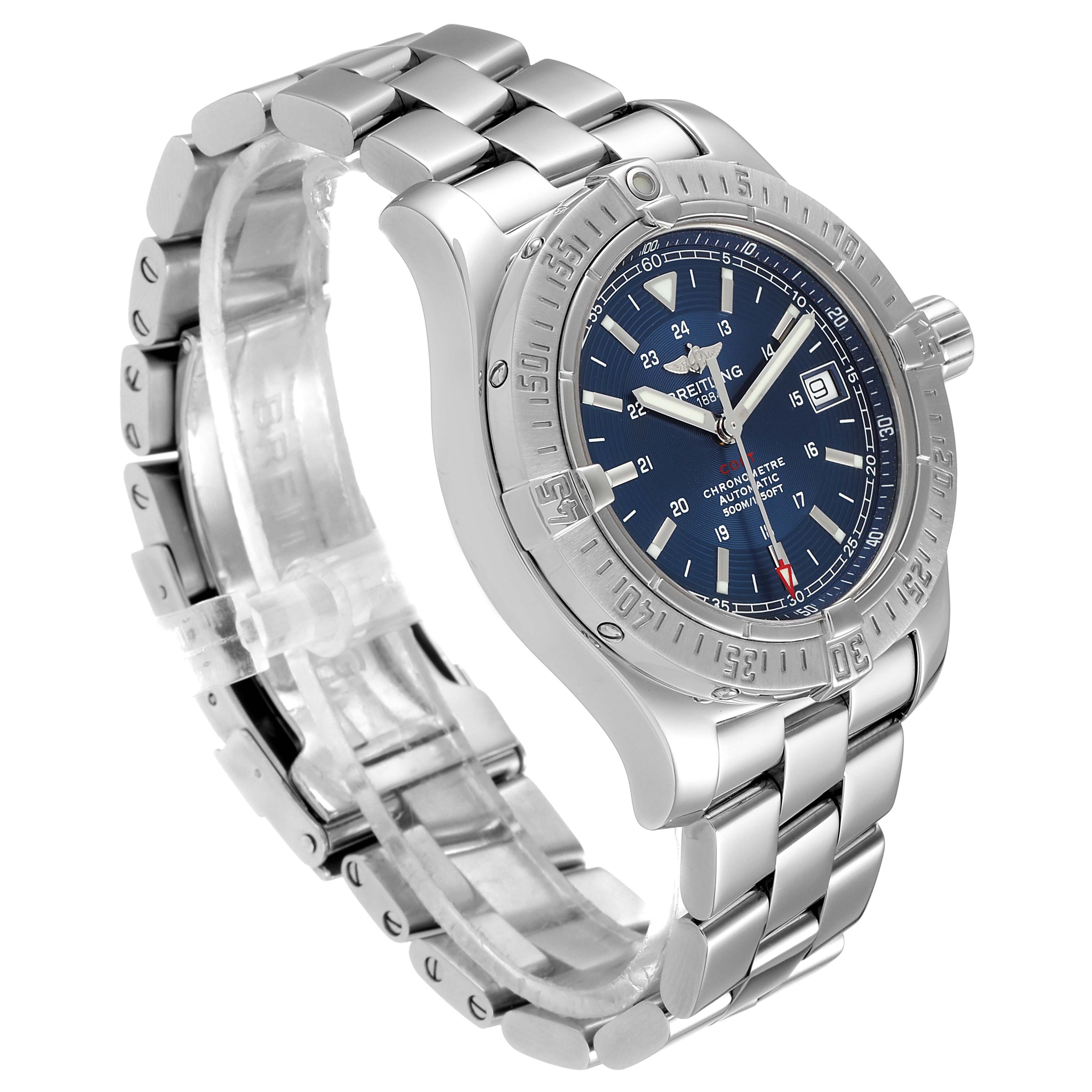 The Breitling Colt A17380 Men's Stainless Steel Blue Dial A17380 Men's Stainless Steel Blue Dial watch is shown at a three-quarter angle highlighting the face, bezel, and segment of the bracelet.
