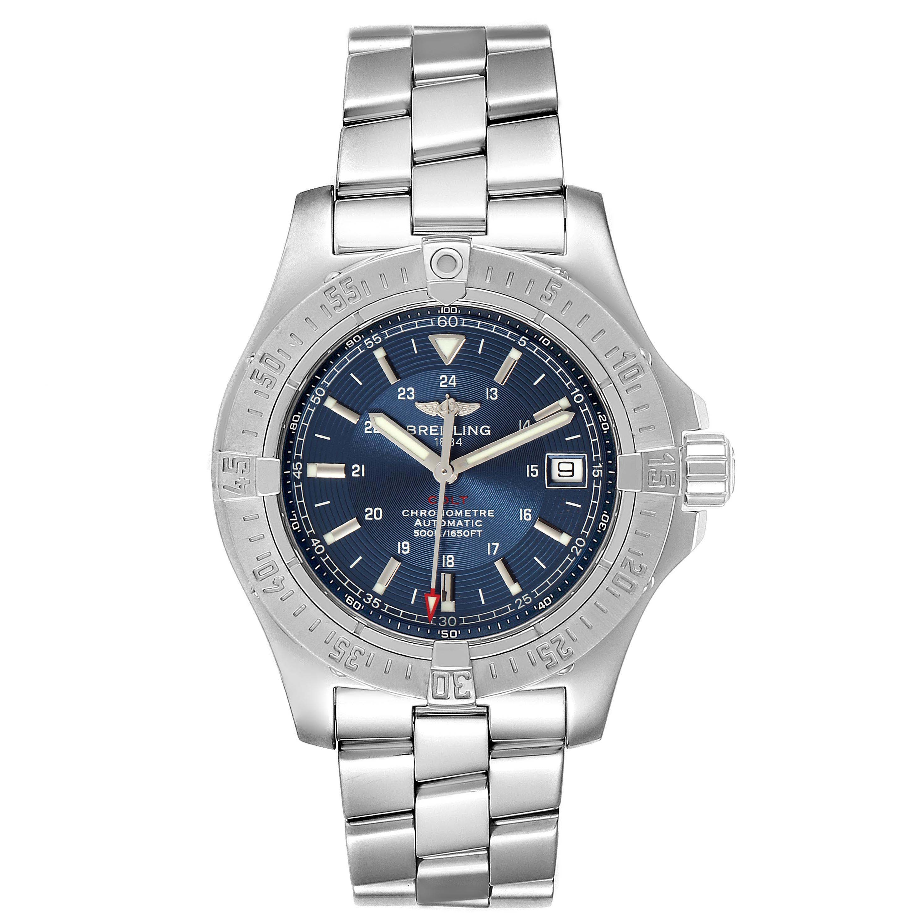 This image shows a front view of the Breitling Colt A17380 Men's Stainless Steel Blue Dial A17380 Men's Stainless Steel Blue Dial model watch, featuring a blue dial, stainless steel case, and bracelet.