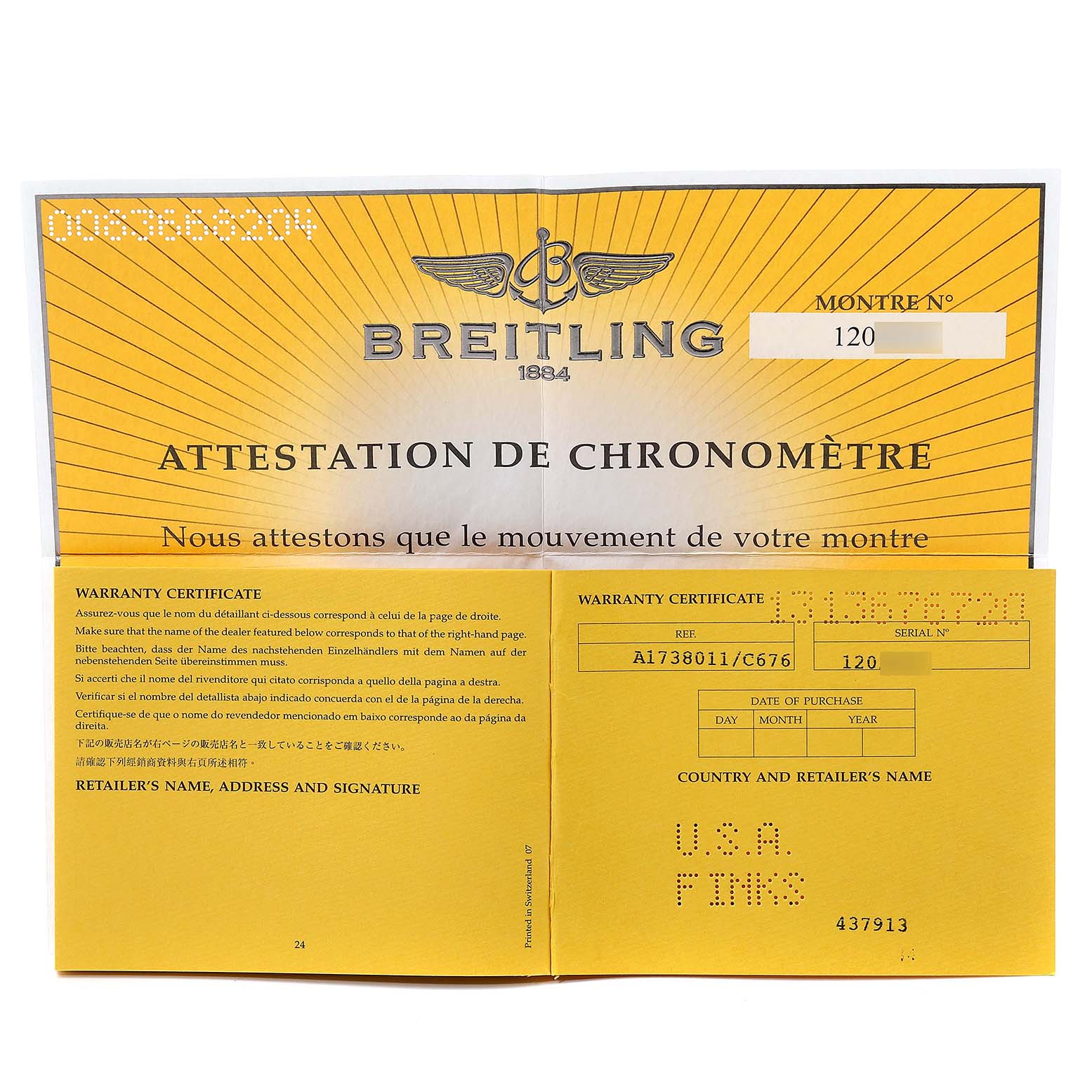 The image features the Breitling Colt A17380 Men's Stainless Steel Blue Dial A17380 Men's Stainless Steel Blue Dial model warranty certificate and a chronometer attestation form.