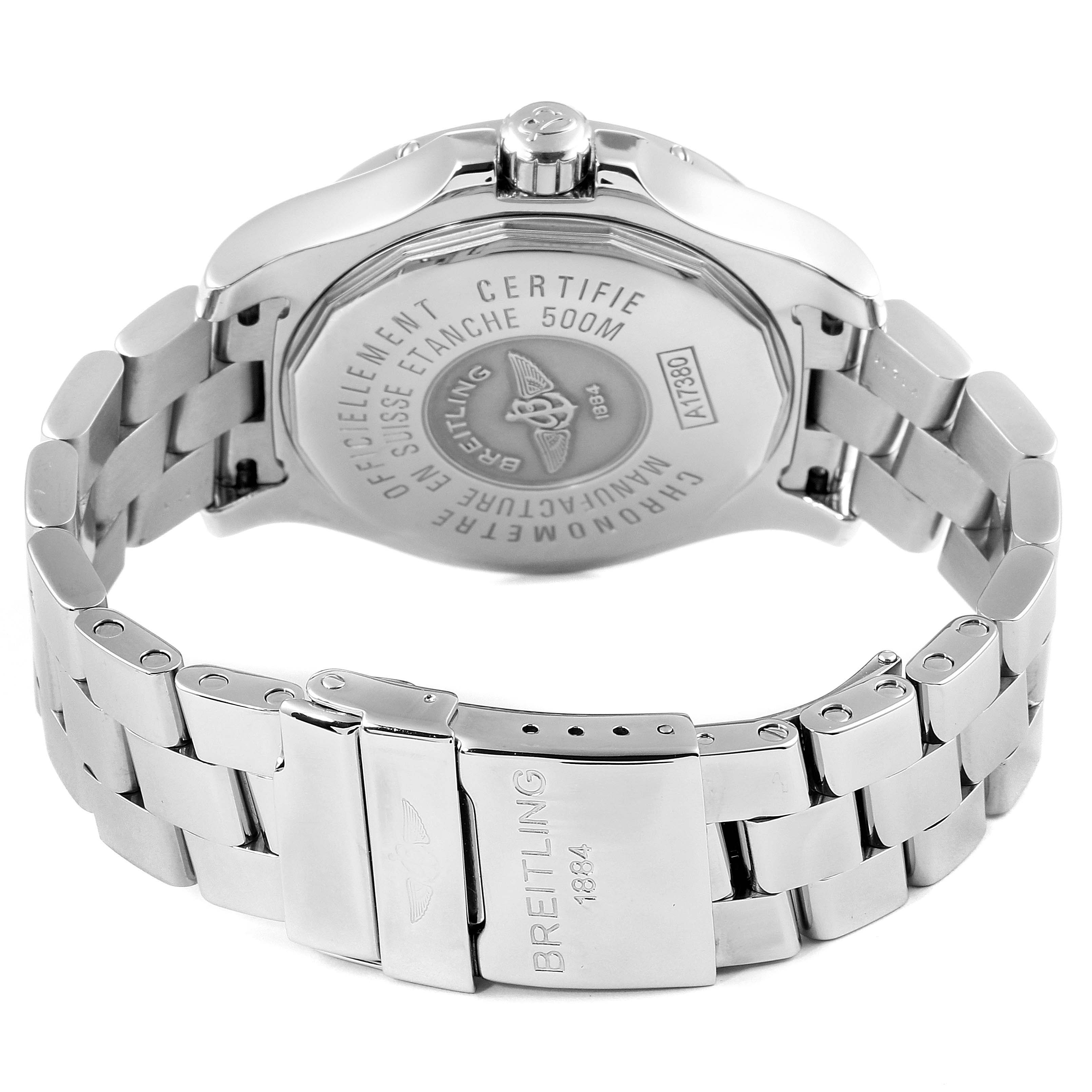 The image shows the back and bracelet of a Breitling Colt A17380 Men's Stainless Steel Blue Dial A17380 Men's Stainless Steel Blue Dial watch, highlighting the clasp and engraved case back.