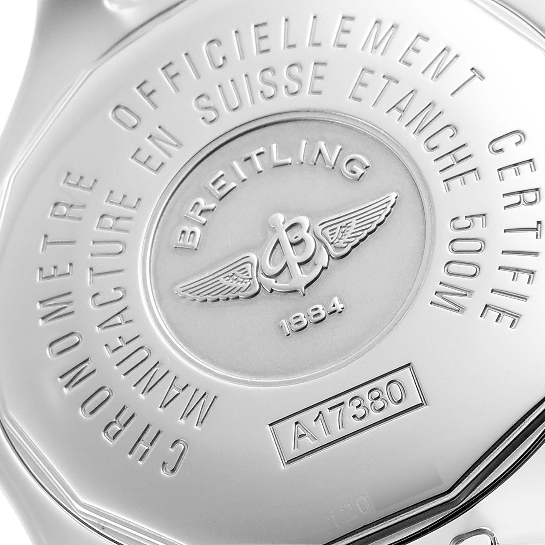 This image shows the engraved back case of a Breitling Colt A17380 Men's Stainless Steel Blue Dial A17380 Men's Stainless Steel Blue Dial watch model A17380 at a close-up angle.