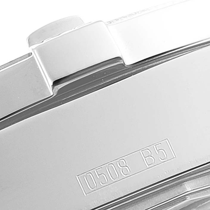 This close-up image shows the metal bracelet and clasp details of a Breitling Colt A17380 Men's Stainless Steel Blue Dial A17380 Men's Stainless Steel Blue Dial watch, including the engraved model and batch number.