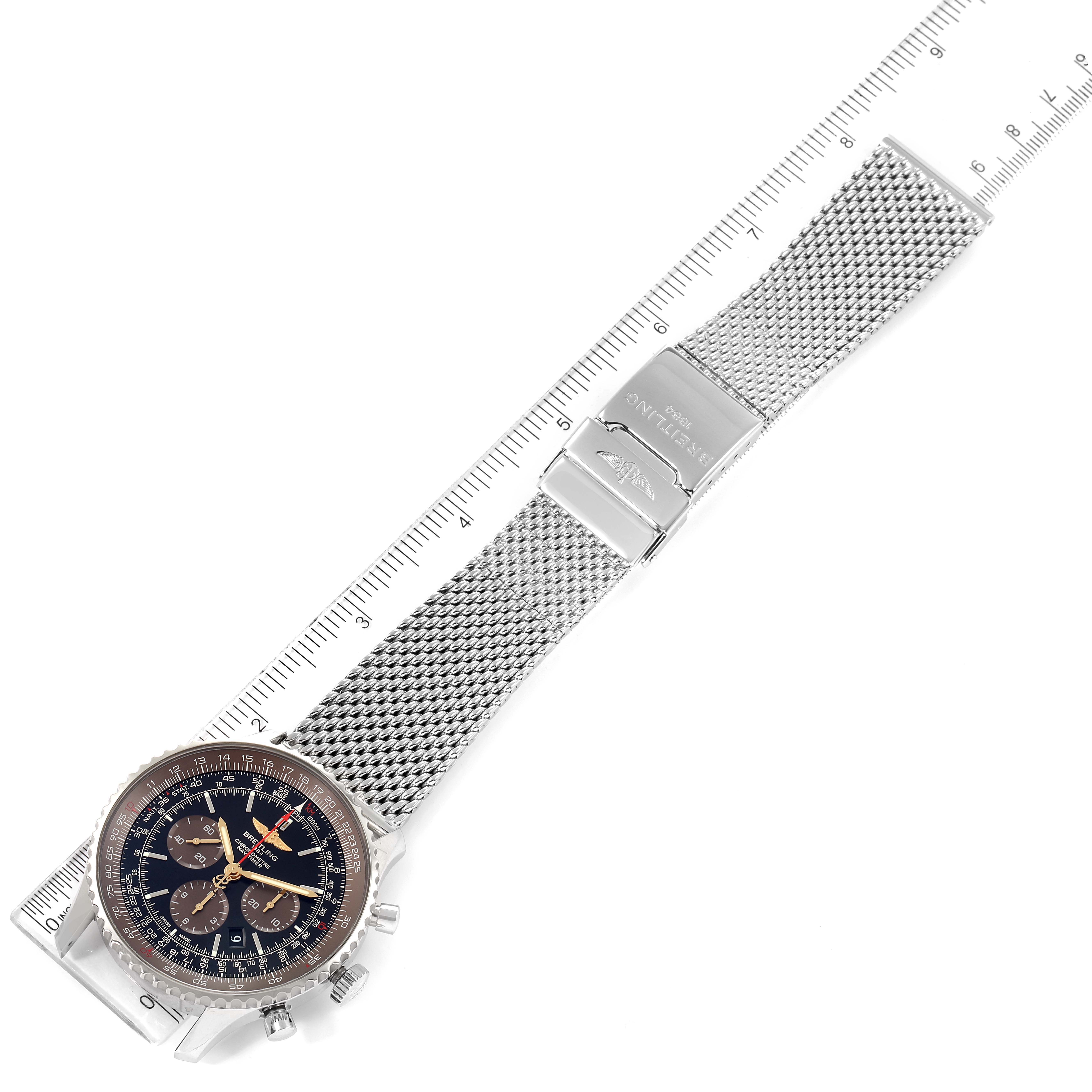 The image shows the front view of a Breitling Navitimer AB0127 Men's Stainless Steel Black Dial AB0127 Men's Stainless Steel Black Dial watch with a metal mesh strap and clasp, measured against a ruler.