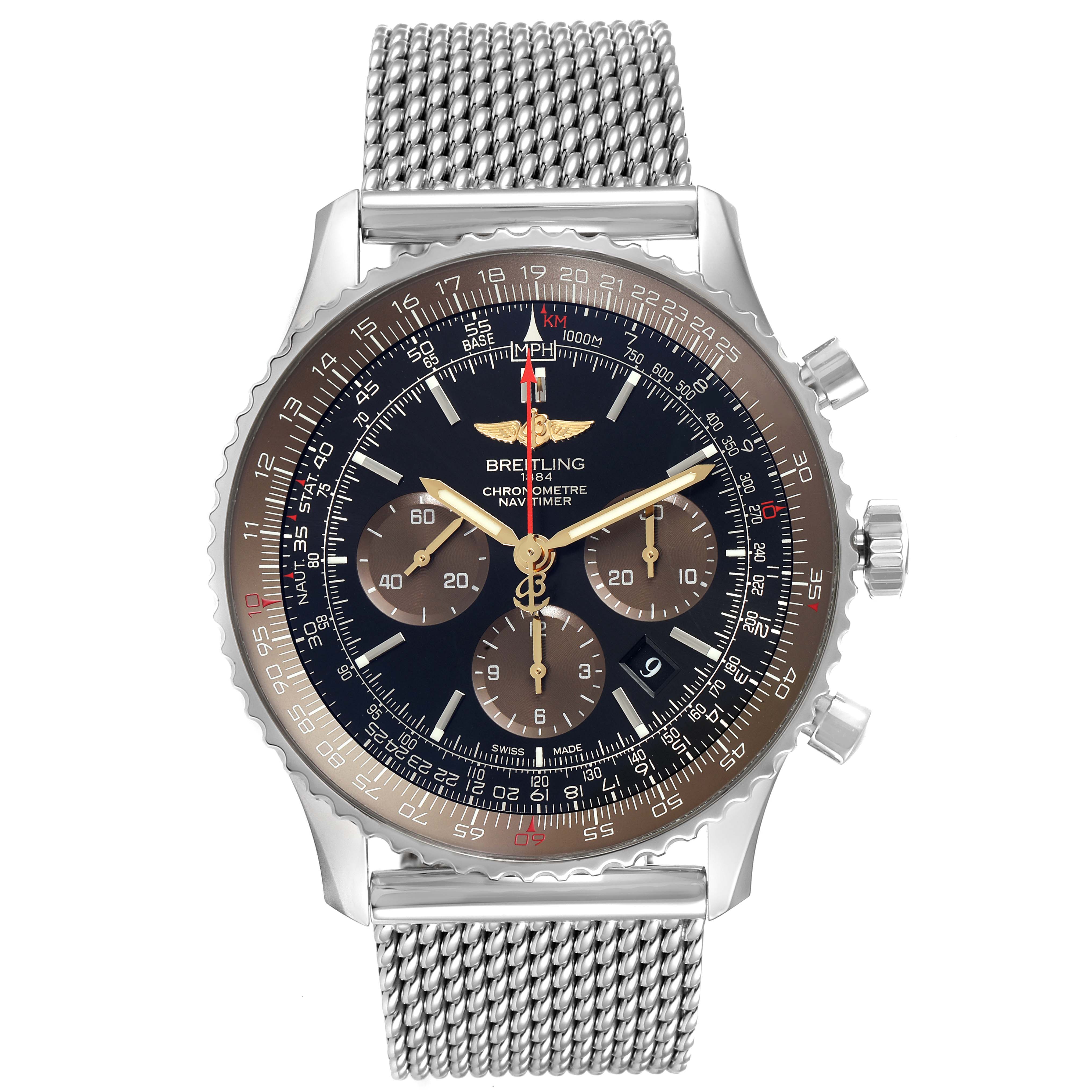 This image shows a frontal view of the Breitling Navitimer AB0127 Men's Stainless Steel Black Dial AB0127 Men's Stainless Steel Black Dial watch, highlighting the dial, subdials, bezel, crown, pushers, and mesh bracelet.