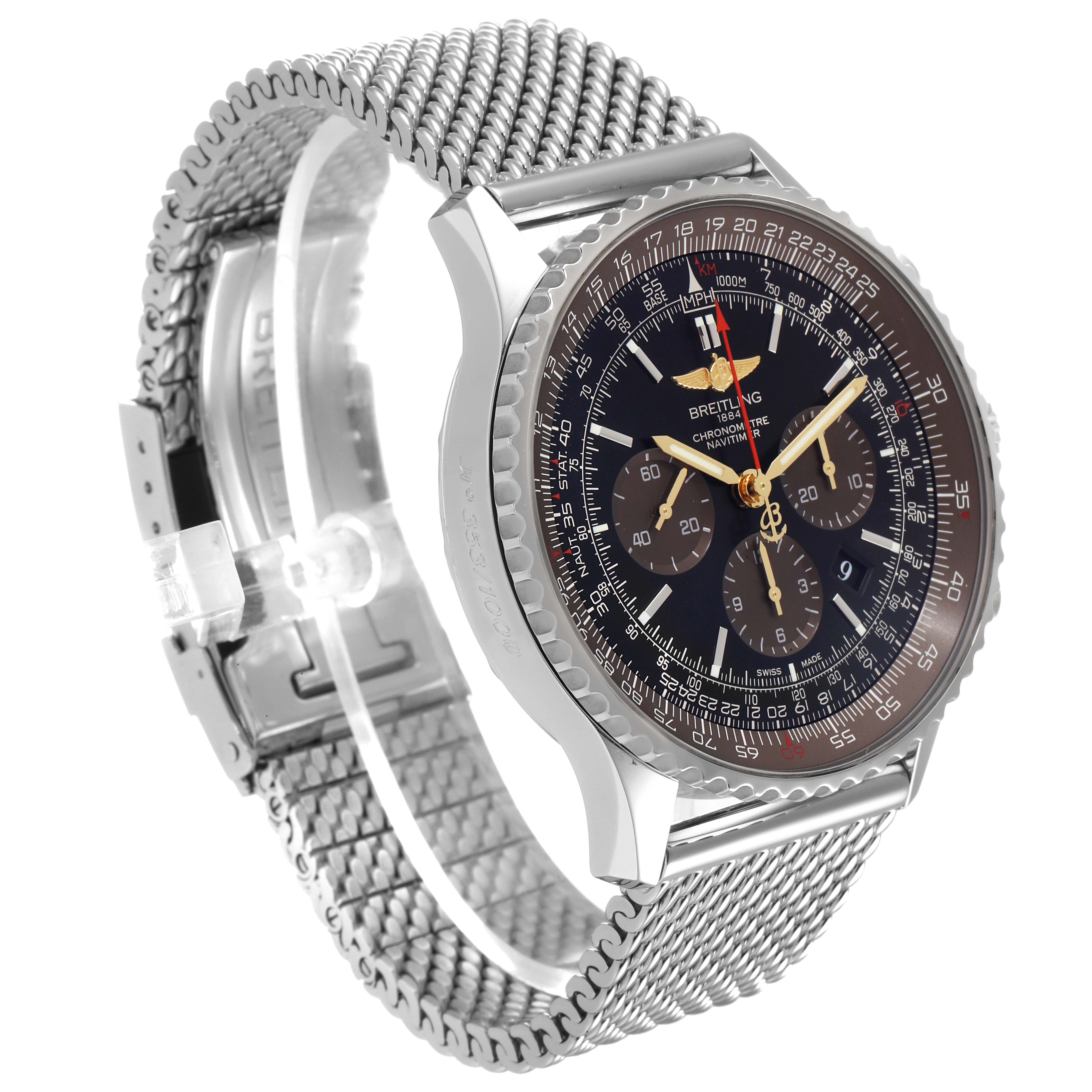 The image shows a Breitling Navitimer AB0127 Men's Stainless Steel Black Dial AB0127 Men's Stainless Steel Black Dial watch at a three-quarter angle, highlighting the face, bezel, and metal mesh bracelet.