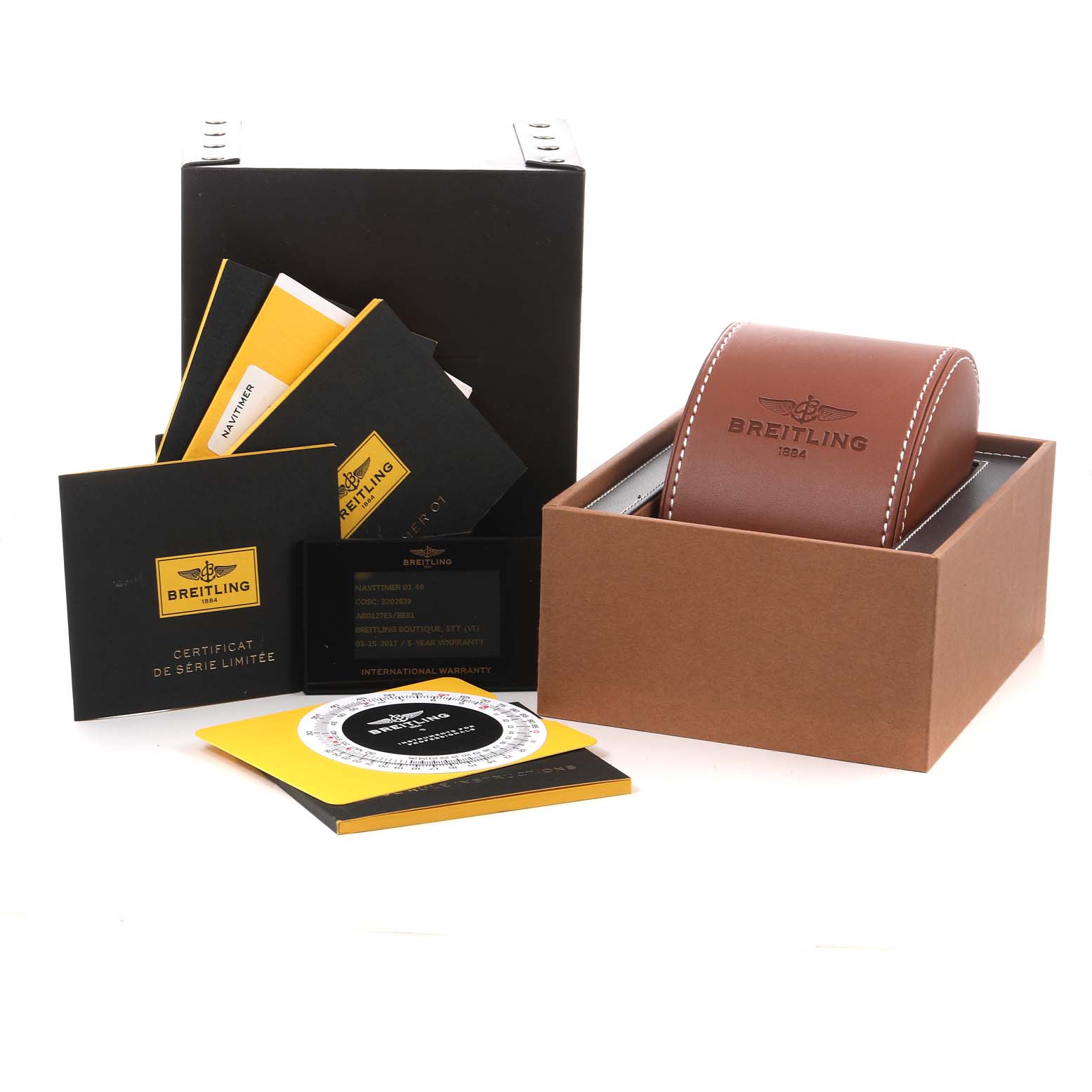 The image shows packaging and accessories for a Breitling Navitimer AB0127 Men's Stainless Steel Black Dial AB0127 Men's Stainless Steel Black Dial, including a watch box, manuals, and warranty cards.