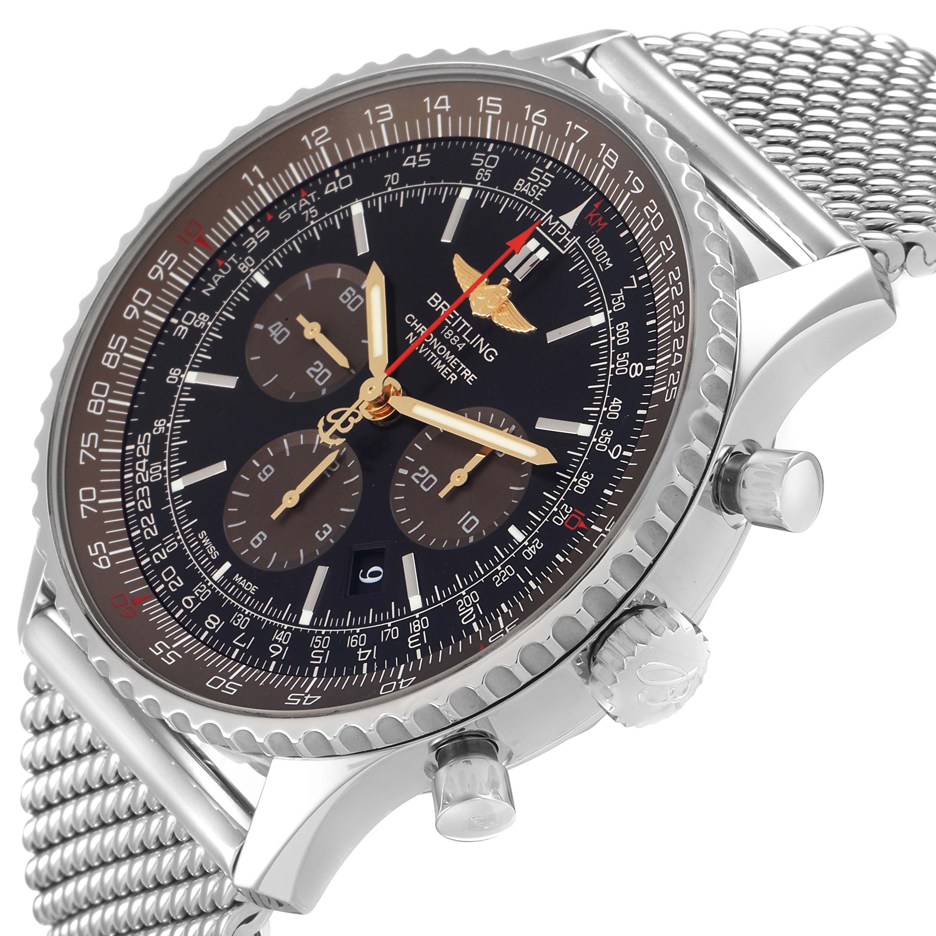 The image shows a Breitling Navitimer AB0127 Men's Stainless Steel Black Dial AB0127 Men's Stainless Steel Black Dial watch at an angled side view, highlighting its bezel, dial, pushers, and mesh bracelet.