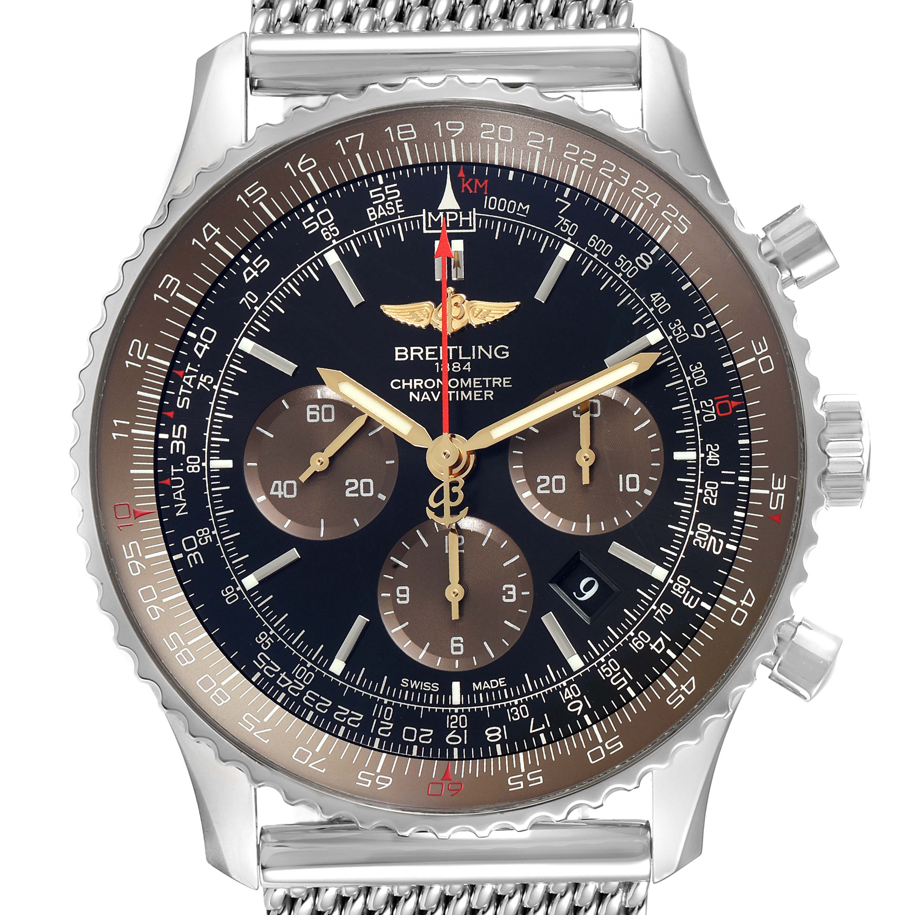 The image shows a front angle of the Breitling Navitimer AB0127 Men's Stainless Steel Black Dial AB0127 Men's Stainless Steel Black Dial, highlighting its dial, chronograph subdials, bezel, and mesh bracelet.