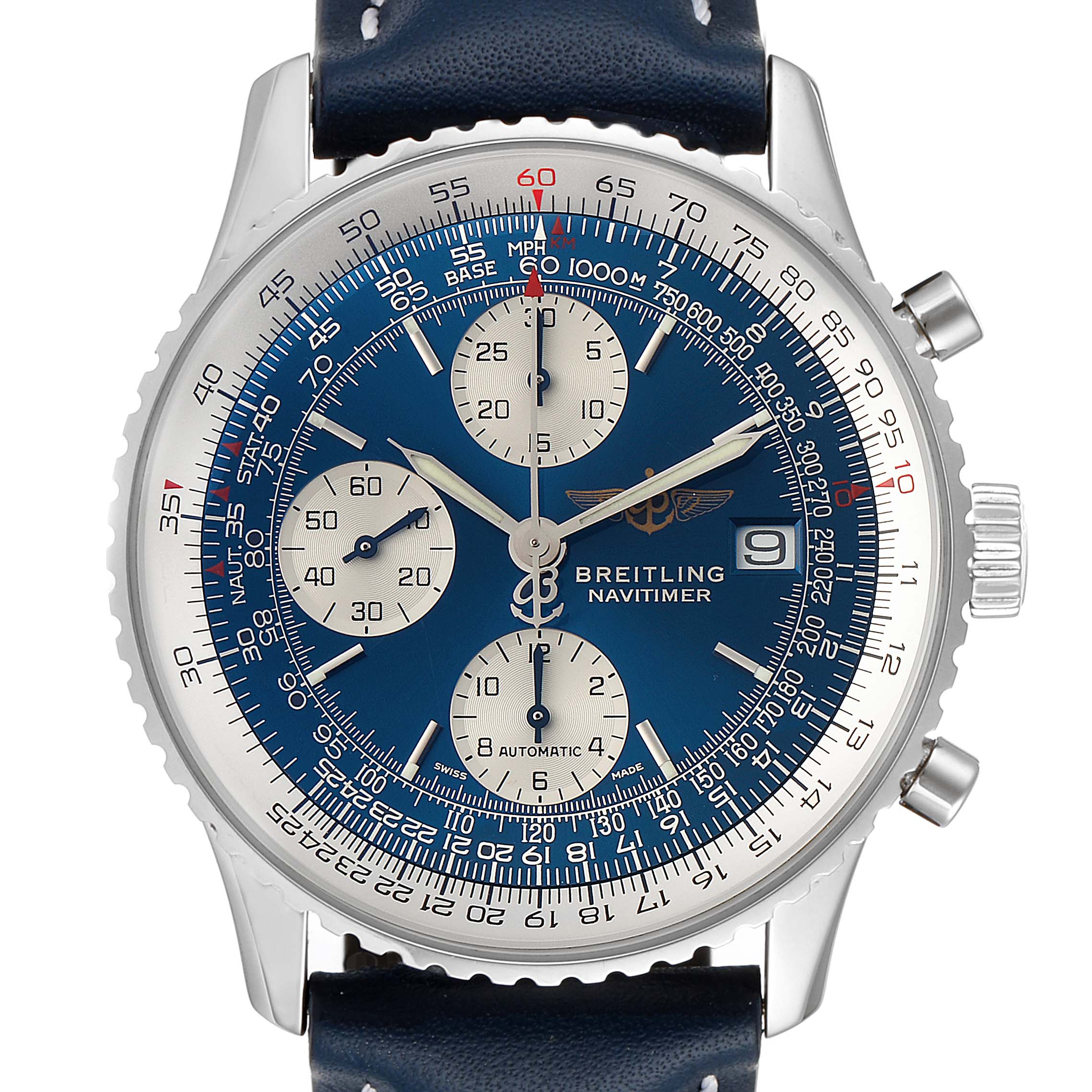 The image shows a frontal view of a Breitling Navitimer A13322 Men's Stainless Steel Blue Dial A13322 Men's Stainless Steel Blue Dial watch, displaying its dial, chronograph subdials, and bezel.