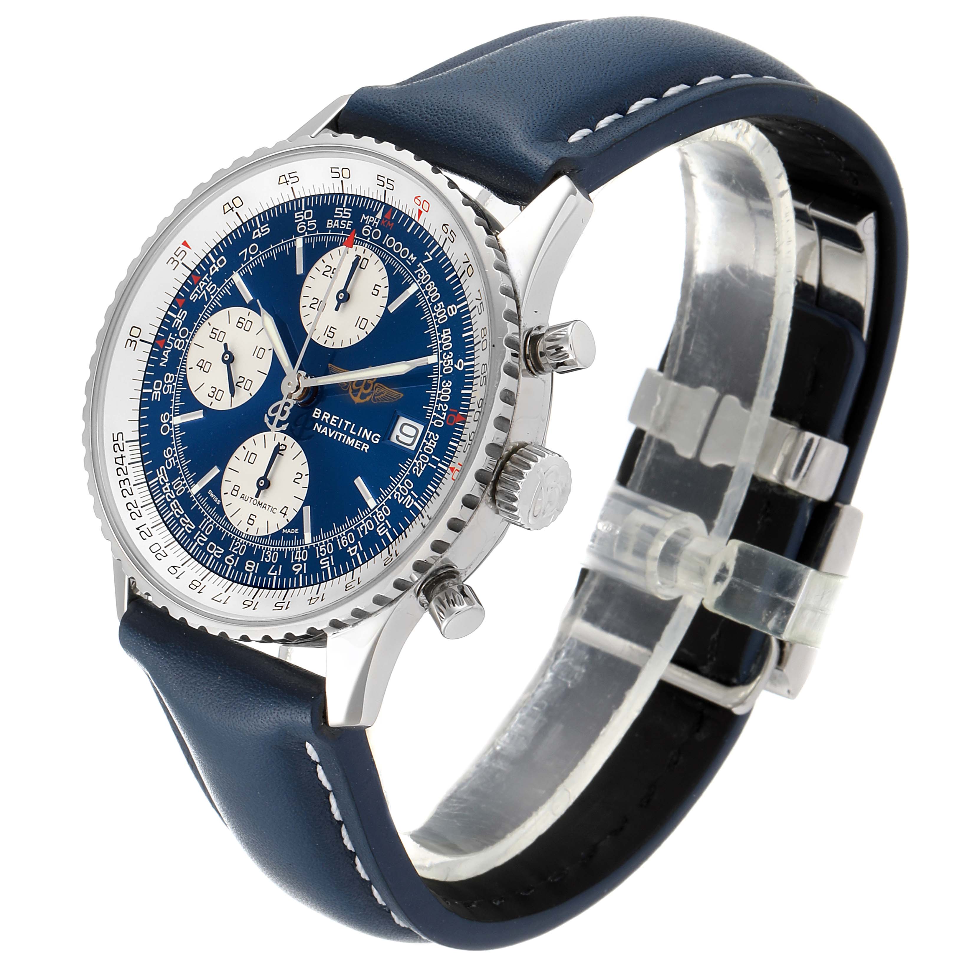 The Breitling Navitimer A13322 Men's Stainless Steel Blue Dial A13322 Men's Stainless Steel Blue Dial watch is shown at an angle showcasing the dial, crown, chronograph pushers, and part of the leather strap.