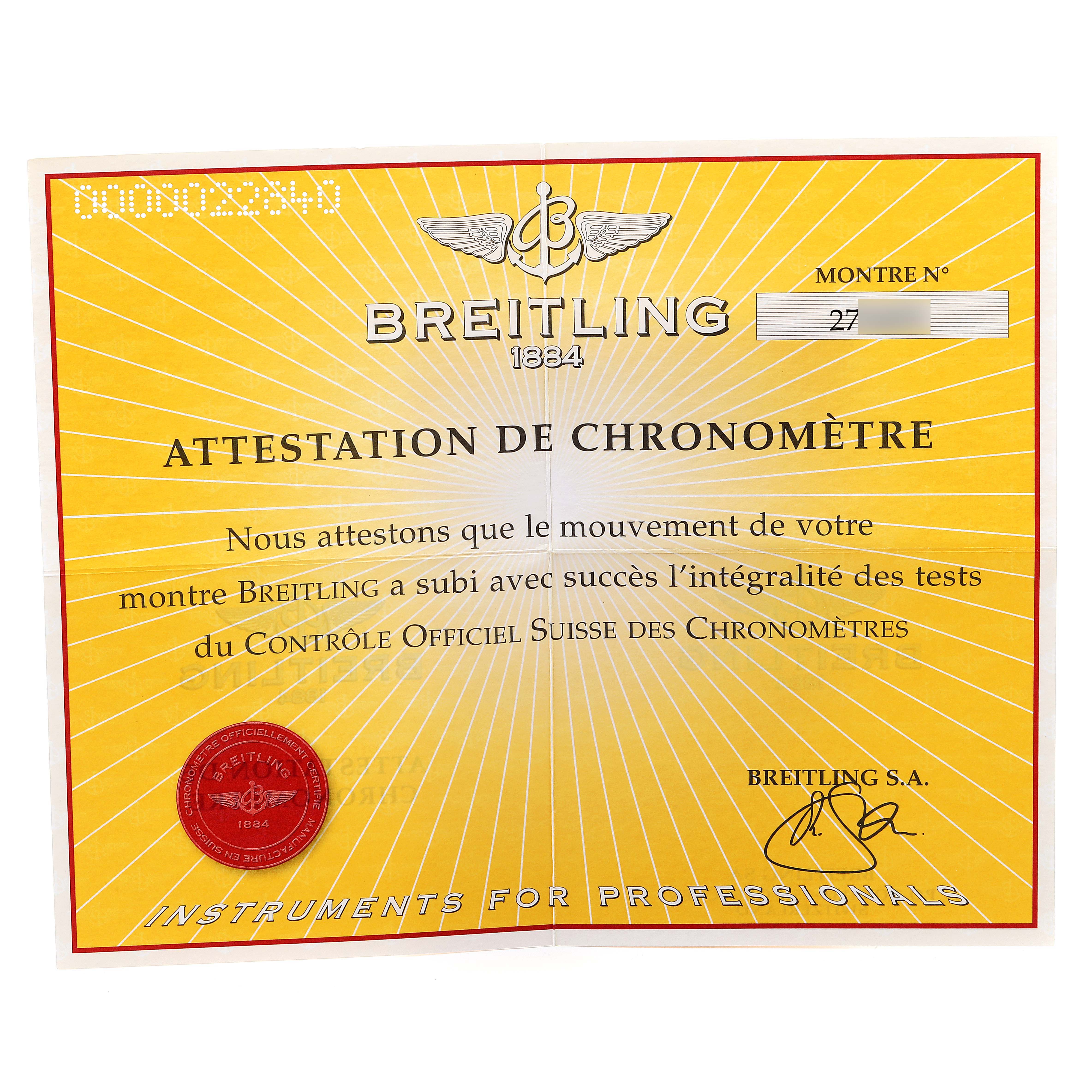 This image shows a certificate of chronometer attestation for a Breitling Navitimer A13322 Men's Stainless Steel Blue Dial A13322 Men's Stainless Steel Blue Dial watch.